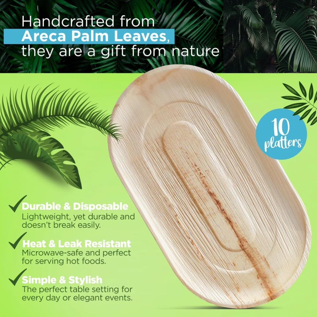 ECO Leaf - 10 platos desechables de hoja de palma, ovalados grandes de 56 cm x 30 cm, bandejas de canapé para boda, como platos de madera, bandejas resistentes para alimentos calientes, bandejas de