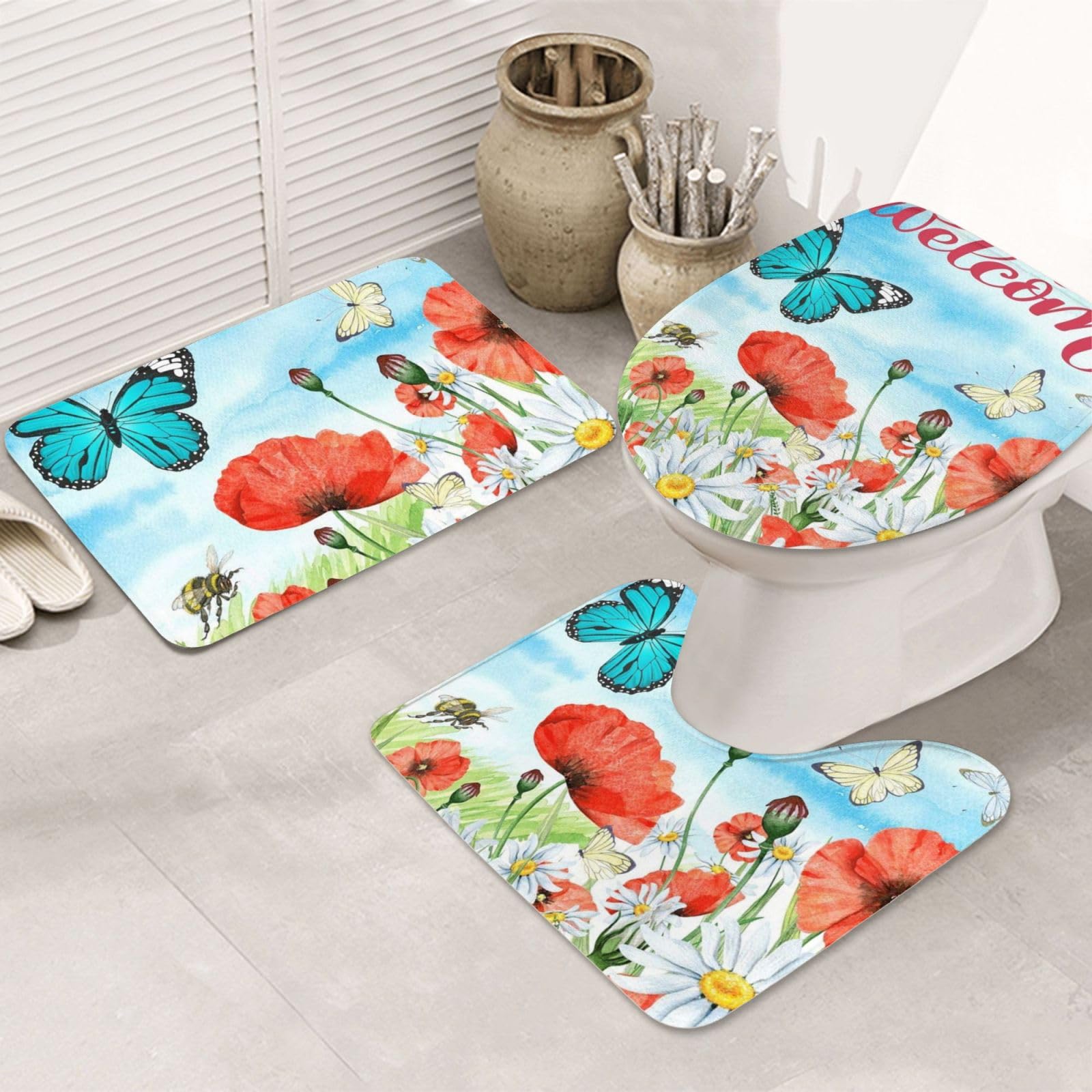 Ensemble tapis de bain OUSIKA fleurs à séchage rapide et contour WC anti-glisse