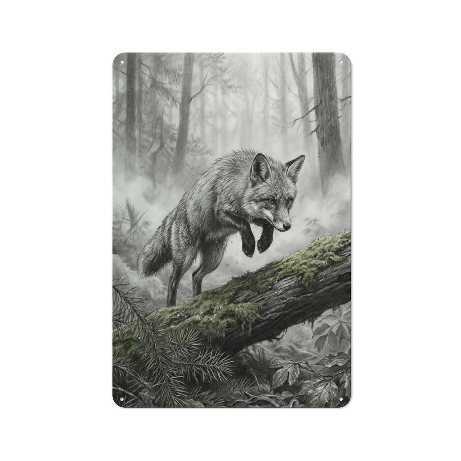 Junmoney Style-23 Fox Leaping In Forest Vintage Metal Wall Decor 30X20cm, Vintage Metal Sign For Cafe, Bistro, Bakery Or Restaurant