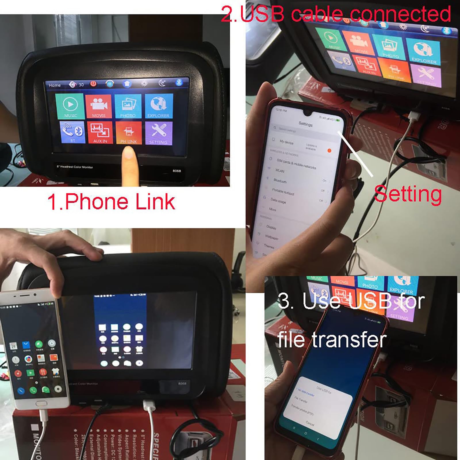 Display per Poggiatesta per Auto da 7 Pollici, Display per Auto MP5, Schermo HD, Trasmettitore FM, Altoparlante Integrato, Interfaccia USB/SD,MP5