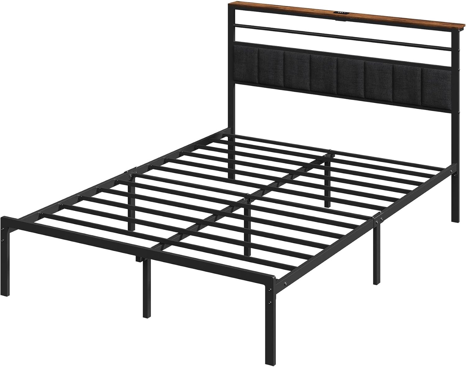 Bed Frame Queen Size with Storage Headboard & Charging Station, Sturdy Metal Queen Platform Bed Frame No Box Spring Needed, Queen Bed Frame Low to Ground, Quiet Base, Black (Upholstered Queen)