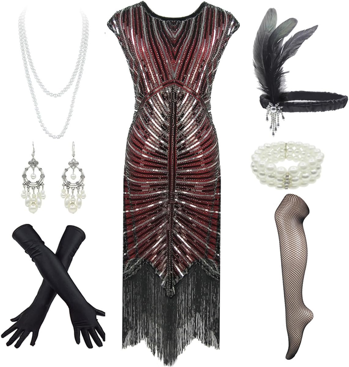 Women's Flapper Dresses 1920s Gatsby Sequin Fringed Party Costume with Headpiece