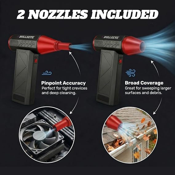 BULLSEYE Blaster 130000 RPM Electric Air Duster, Rechargeable Cordless Compressed Air Blower for Computer Cleaning, Keyboard, Electronics, Car Detailing, 3 Speed Turbo, 2 Nozzles As Seen on TV