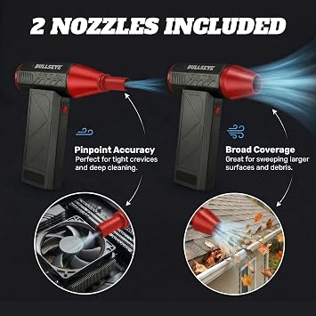 BULLSEYE Blaster 130000 RPM Electric Air Duster, Rechargeable Cordless Compressed Air Blower for Computer Cleaning, Keyboard, Electronics, Car Detailing, 3 Speed Turbo, 2 Nozzles As Seen on TV