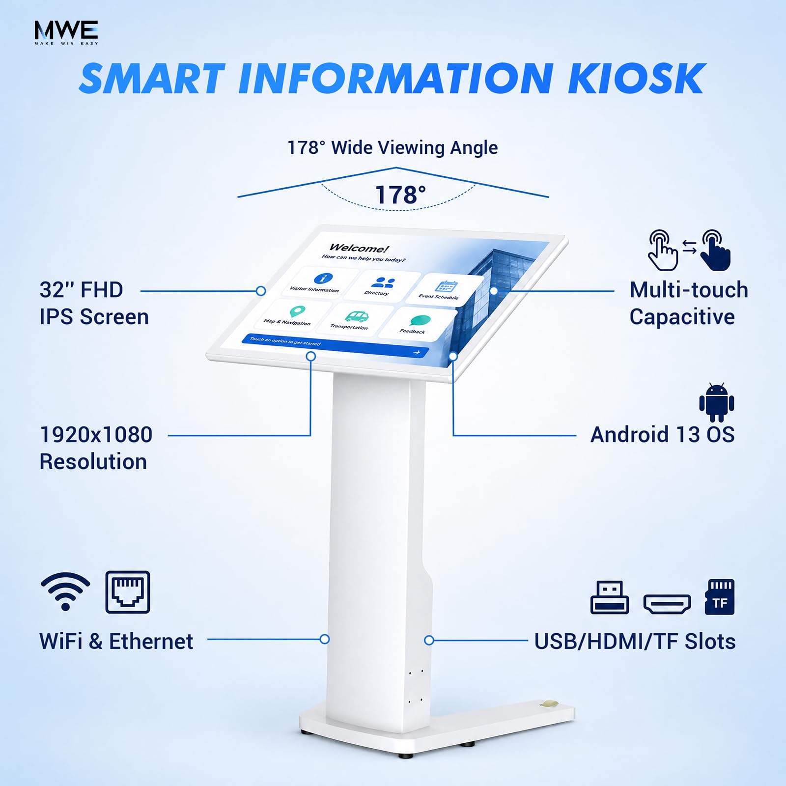 Touch-Screen Self Service Kiosk, Interactive Digital Display Stand with Pedestal Base, Digital Signage,FHD Information Kiosk,Applicable for Content Query and Information Publishing (21.5 inches)