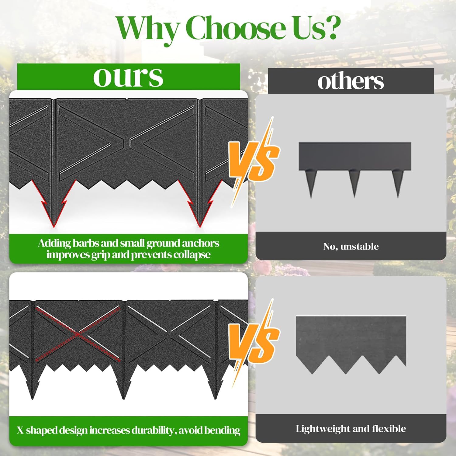 Hlogree 6 Pack Metal Landscape Edging, Garden Edging, Garden Border with 6 Pcs Anchor Stakes, No-Dig Hammer-in Heavy Duty Metal Edging Border for Flower Bed, Yard & Pathway (X-Shaped Black, 8inch)