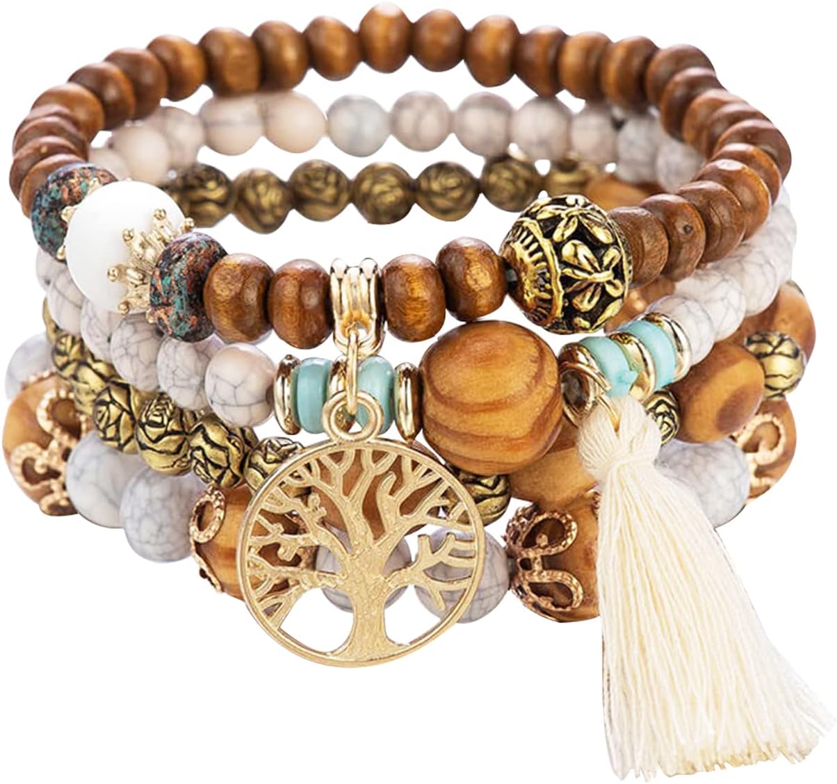 Tree of Life Bohemian Wood Beaded Bracelet Stackable Jewelry