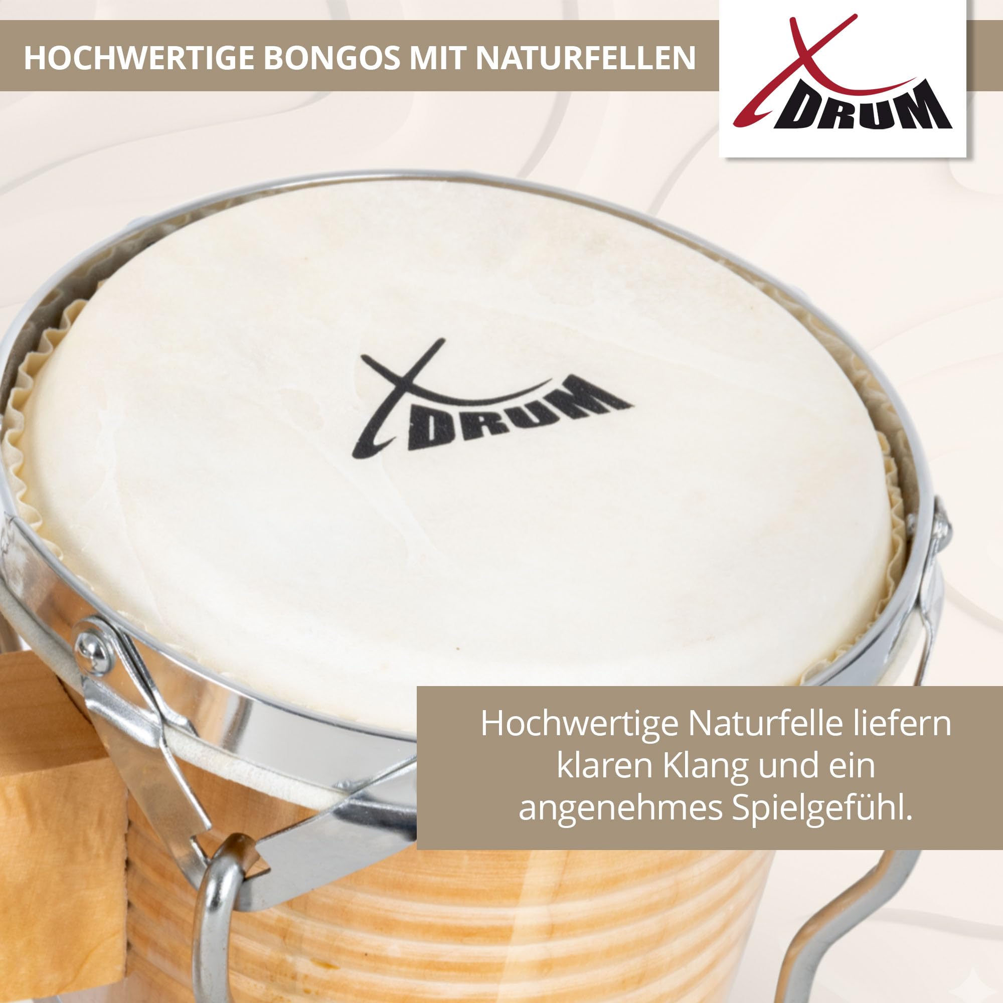 XDrum Bongos Pro Natur - 2 Trommeln mit 6,5" (17 cm) und 7,5" (20 cm) Durchmesser - Bongotrommeln mit stimmbaren Naturfellen, Stimmschlüssel und Ständer - Holztrommeln Naturfarben