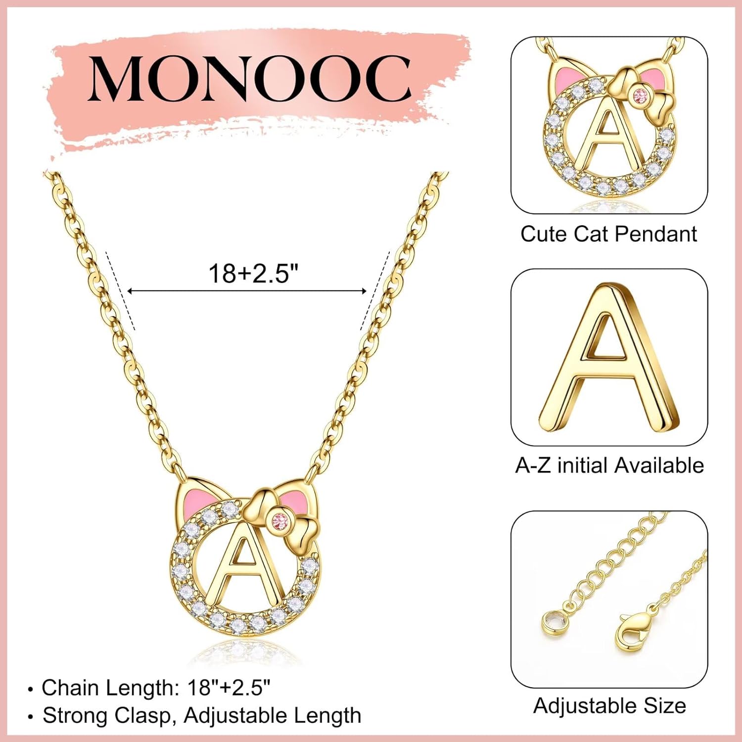 MONOOC Cat Necklace for Kids Girls - Dainty Pink Initial Necklaces 14K-Gold-Plated Letter Necklaces Cute Gifts for Teen Girls Gift for Cat Lovers Birthday Gift for Girl Kids Jewelry