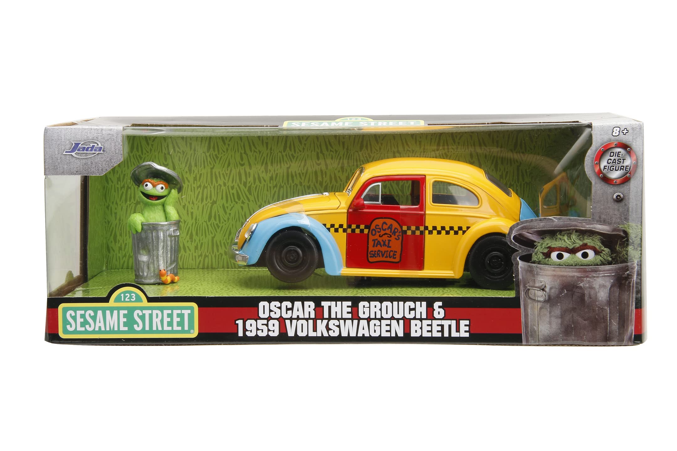 Jada Toys VW Käfer 1959 mit Figur Oscar aus der Sesamstraße - bunter Volkswagen Beetle (16,5 cm) aus Metall, für Auto-Sammler und Fans der Sesamstraße ab 8 Jahre
