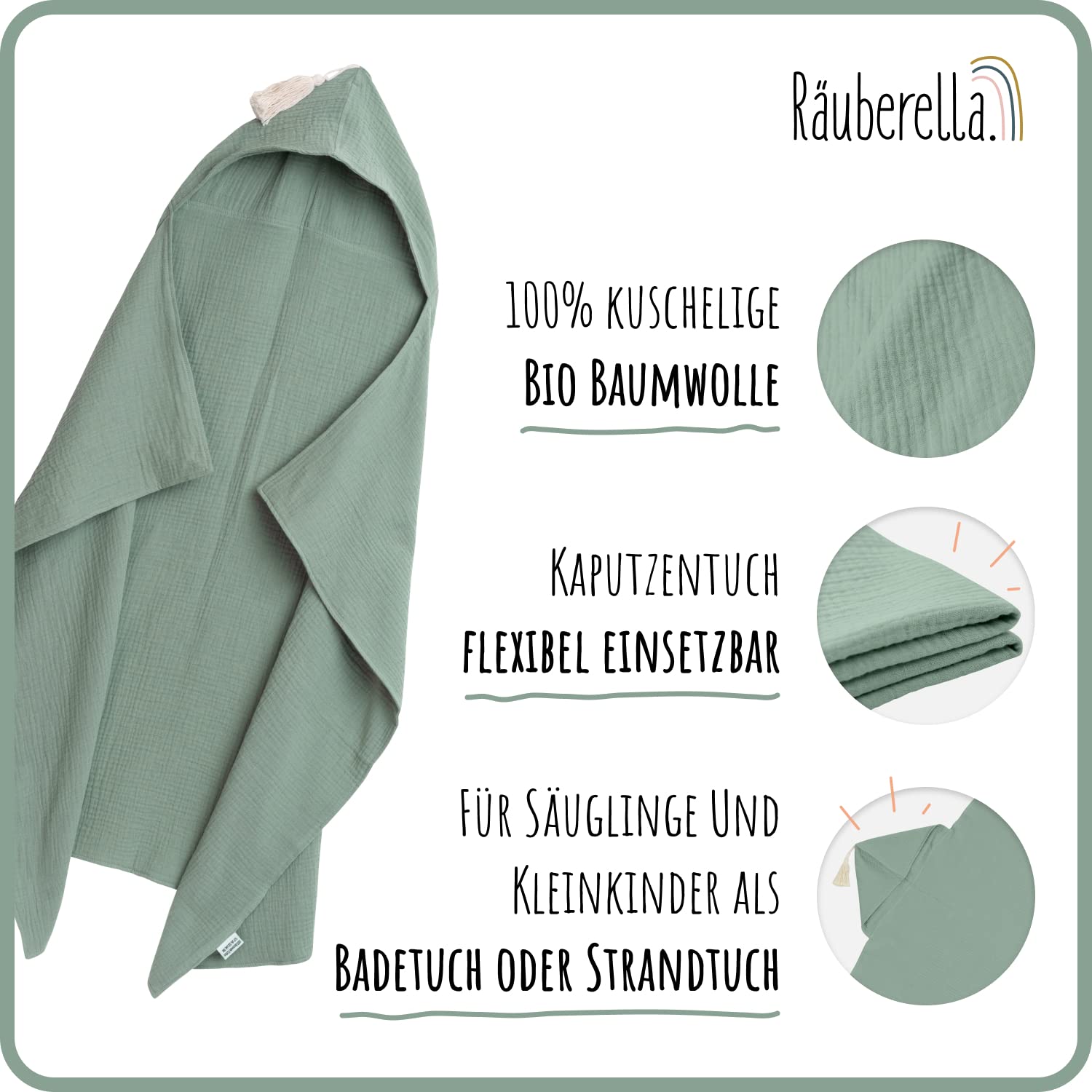 Räuberella® Kapuzenhandtuch-Baby in Mint-Grün I 75x100cm I Musselin-Badetuch-Baby aus 100% Bio-Baumwolle I Saugfähiges Babyhandtuch mit Kapuze I Badehandtuch-Geschenkset inkl. Verpackung & Karte