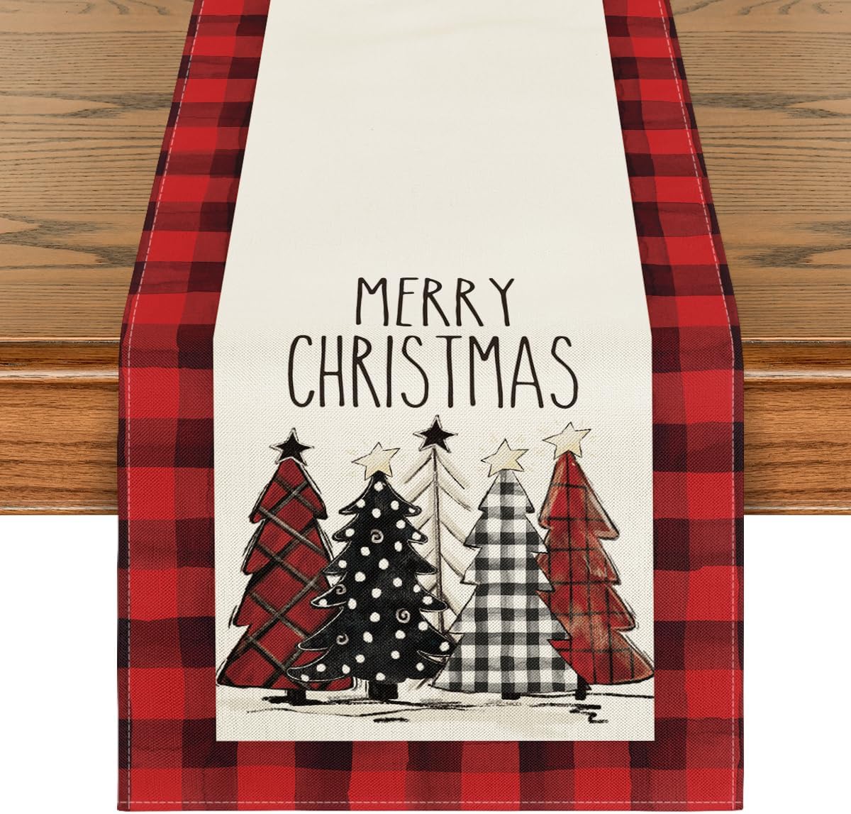 Artoid Mode Watercolor Red and Black Buffalo Plaid Christmas Trees Merry Xmas Table Runner, Seasonal Winter Holiday Kitchen Dining Table Decoration for Indoor Outdoor Home Party Decor 13 x 120 Inch Table Runner, 13" x 120" Multi Color/Red
