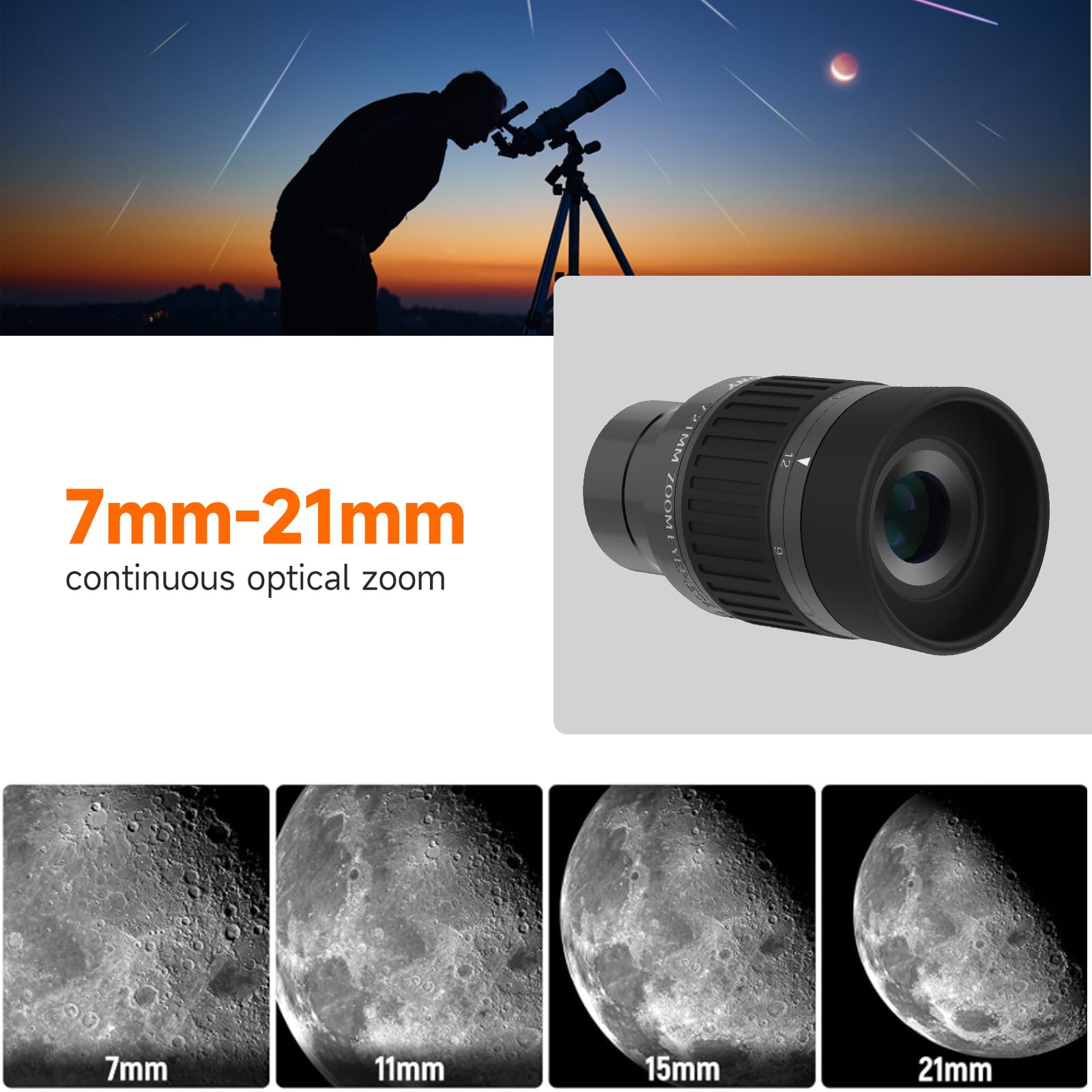 Svbony SV135 Oculaire de Télescope, Oculaire Zoom 1,25'' 7-21 mm pour Télescope, 52 Degrés FOV, Objectif de Télescope FMC 5 Éléments 3 groupes, Accessoires de Télescope d'observation Astronomique