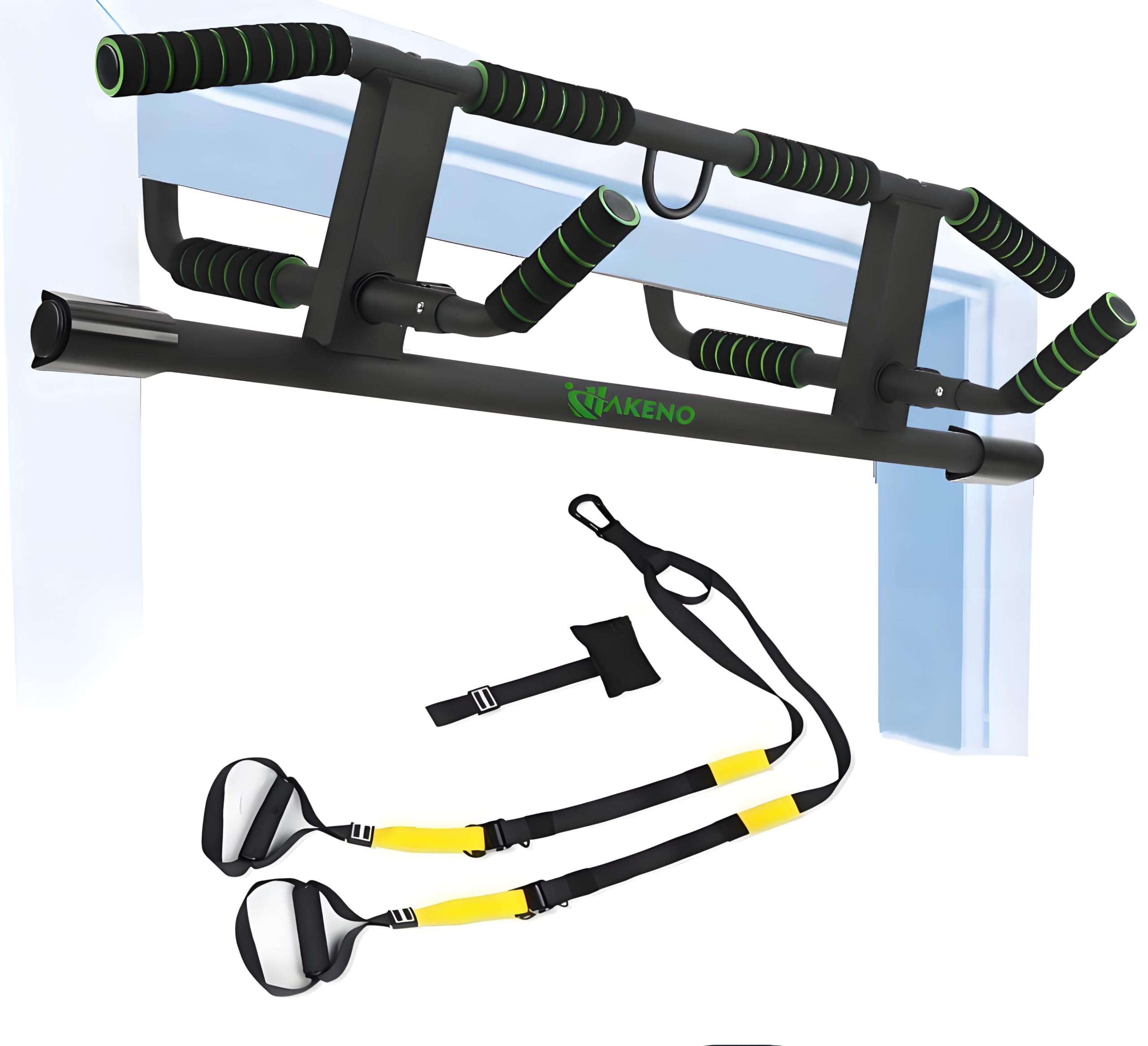 HAKENO Multi-Grip Pull Up Bar For Doorway - Pullupbar With Enhanced Smart Hook Angled Grip Home Gym Exercise Equipment with Professional Training Suspension Strap Set