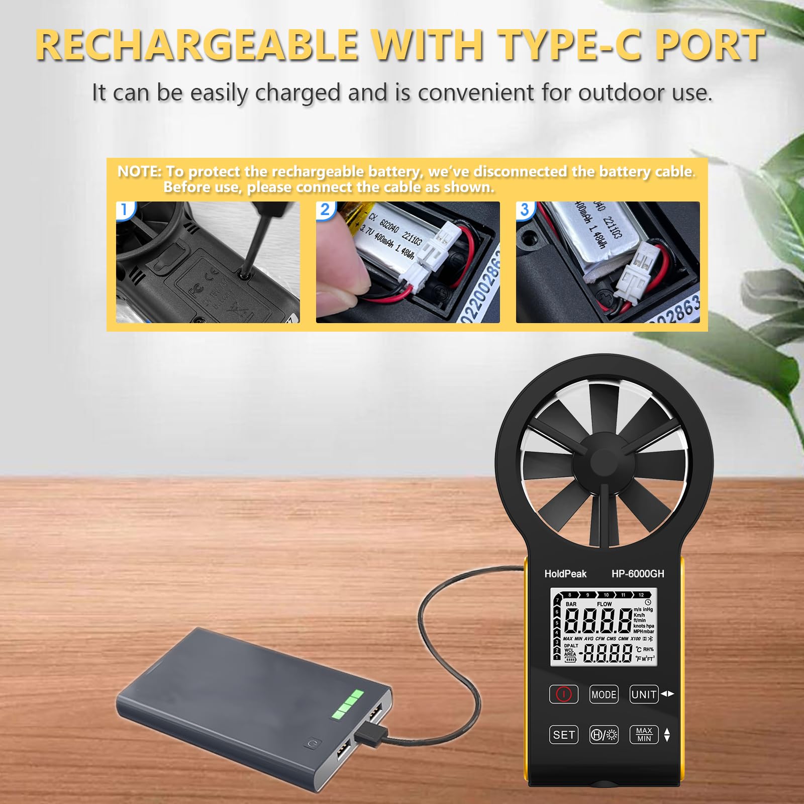 HOLDPEAK Anemómetro Digital VMC Medición de la Velocidad del Viento Temperatura USB C Pantalla LCD Retroiluminada Anemómetro Portátil Exterior Kitesurf