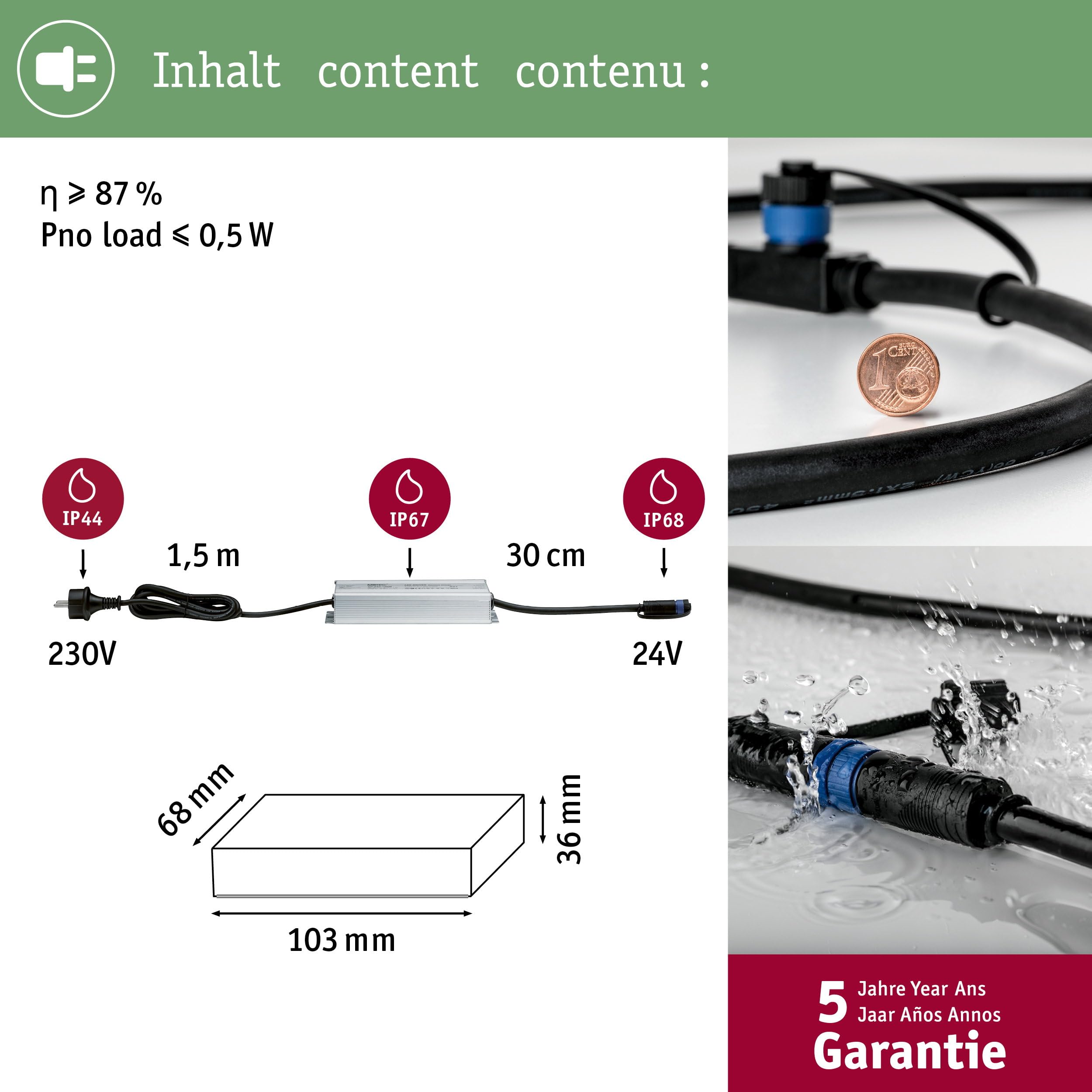 Paulmann 98849 Fuente de alimentación exterior Plug & Shine IP44 230/24 V CC 75 W 98849 Transformador luminarias exteriores, Plateado, 18.6 x 6.4 x 4 cm