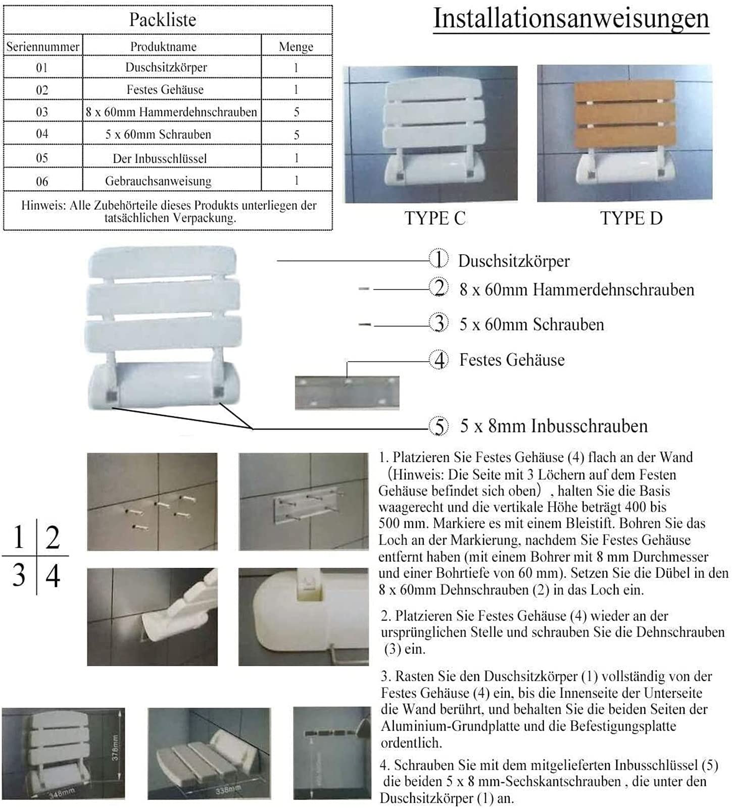 Sedile da Doccia Sedie da Doccia per Anziani, Sedile Pieghevole per Bagno/Doccia, Sedile da Doccia Pieghevole Sgabello da Doccia Pieghevole Montato a Parete/a