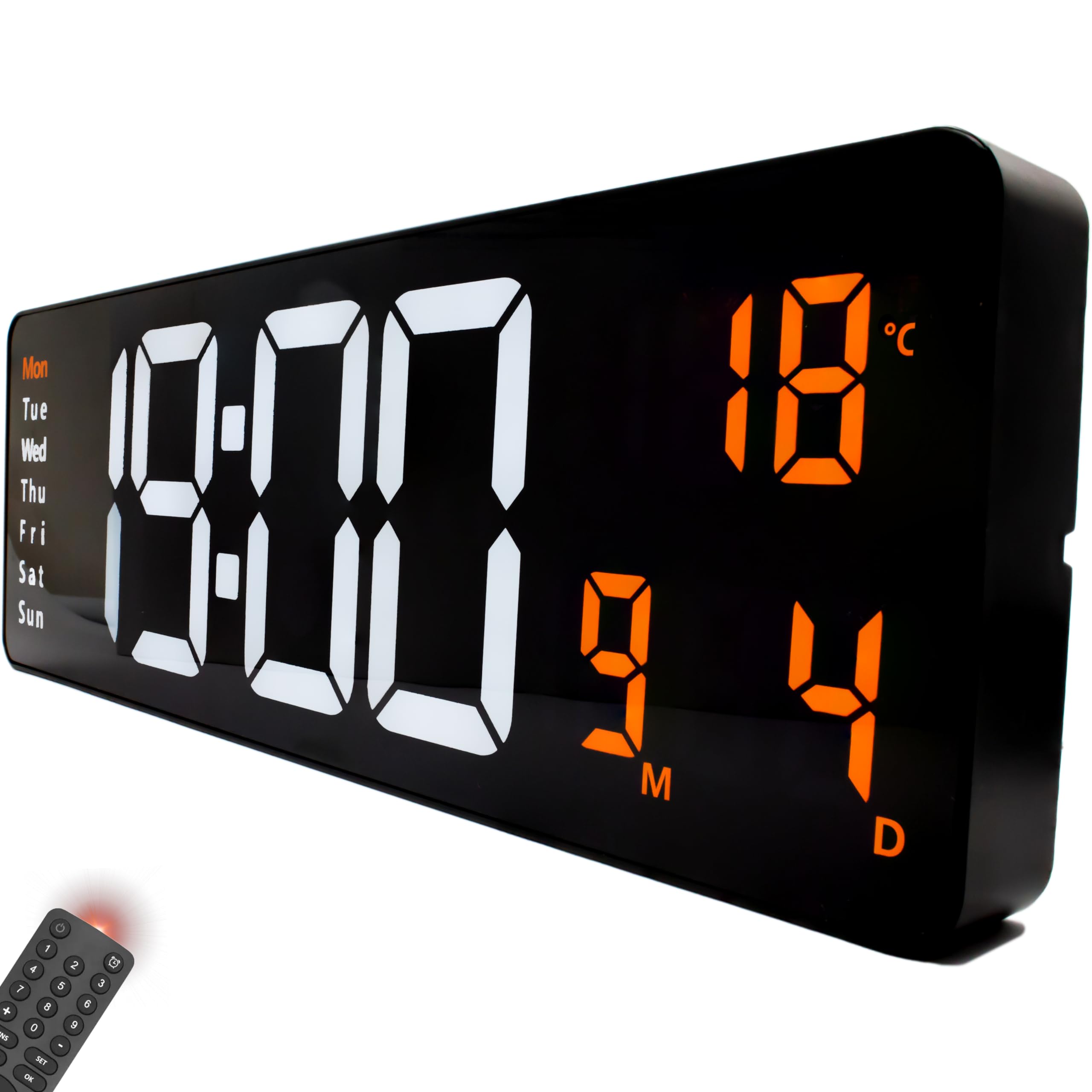 Opis Clock 1 XXL Blanco/Naranja - Reloj Digital Pared Grande con Temperatura y LED - Reloj Pared Digital Grande para Cocina, Oficina, y Gimnasio
