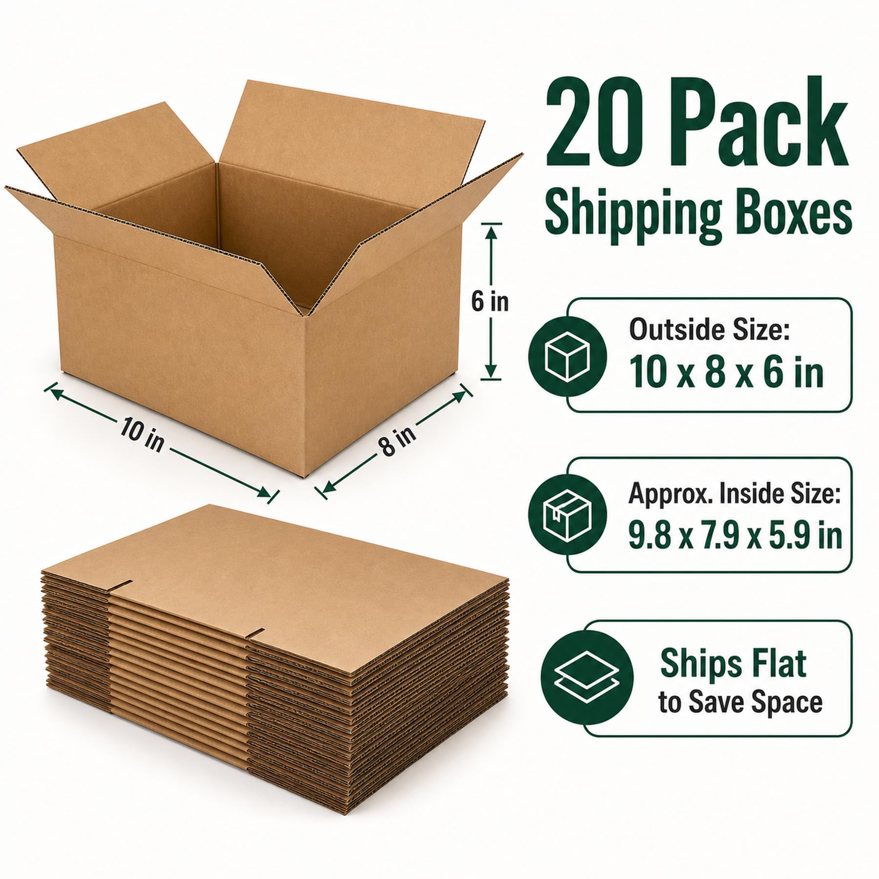 Lot de 20 boîtes d'expédition en kraft marron 25,4 x 20,3 x 15,2