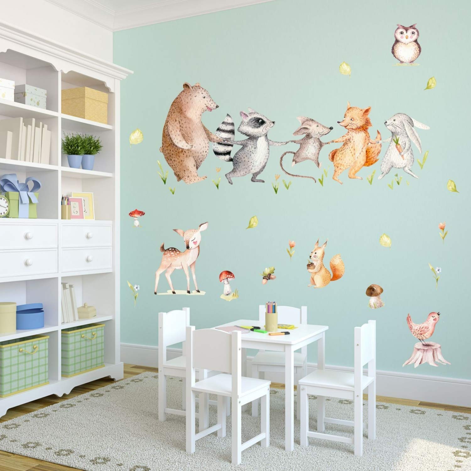 nikima Schönes für Kinder 160 adesivi da parete con orsetto forestale, topo, volpe, orso e coniglio, in 6 misure – decorazione da parete per cameretta dei bambini – Dimensioni: 2000 x 1120 mm