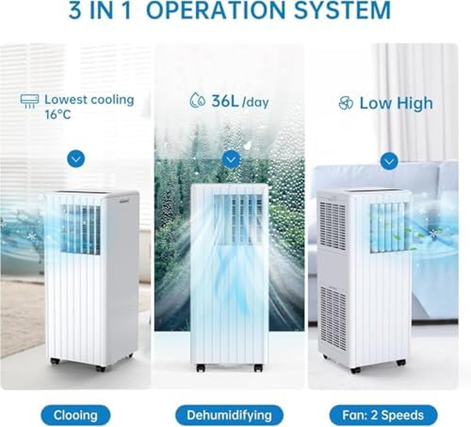 Aire Acondicionado 10000 BTU 3 en 1 Frío Deshumidificador Ventilador para 500 Pies Cuadrados, Pantalla Digital, Multi-Velocidad para Hogar y Oficina. Incluye en, 9000 BTU, 9000 BTU