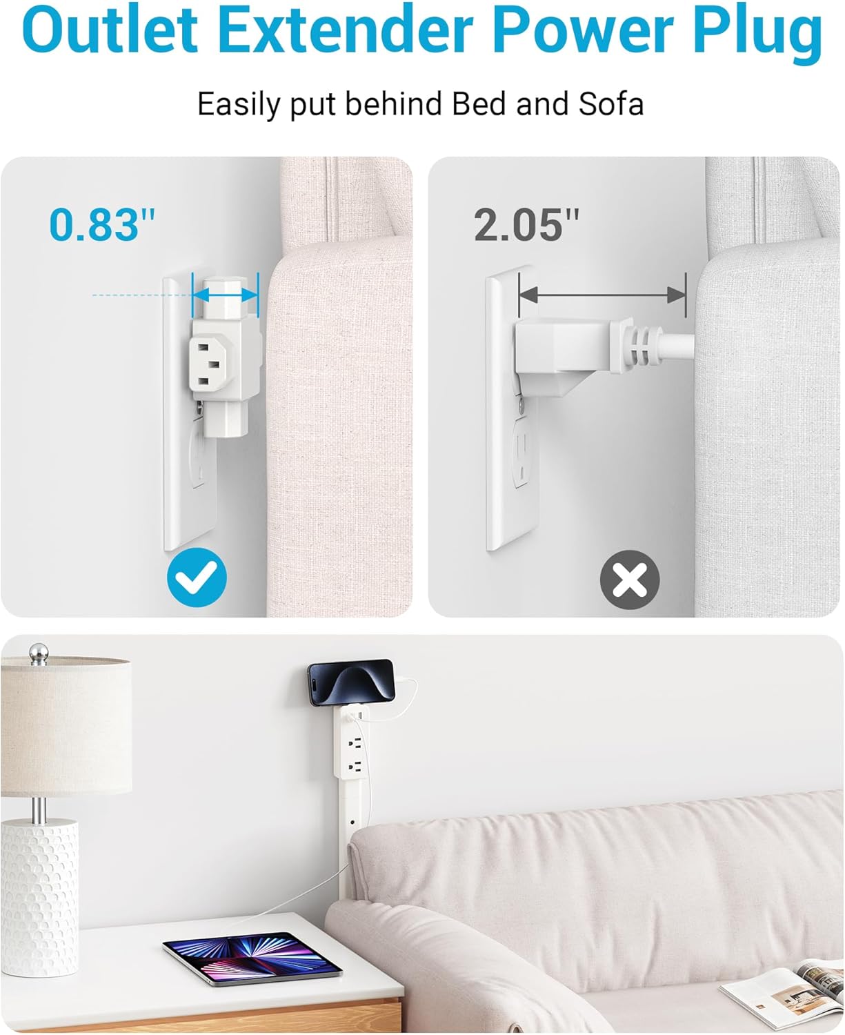 Outlet Extender Stick, 360° Rotatable Plug Expander with 2AC Outlets, 2USB-A, USB-C, 9"-36" Extendable Wall Plug for Hard-to-Reach Areas Behind Couch, Nightstands, Bed & Furniture, Dorm Essentials