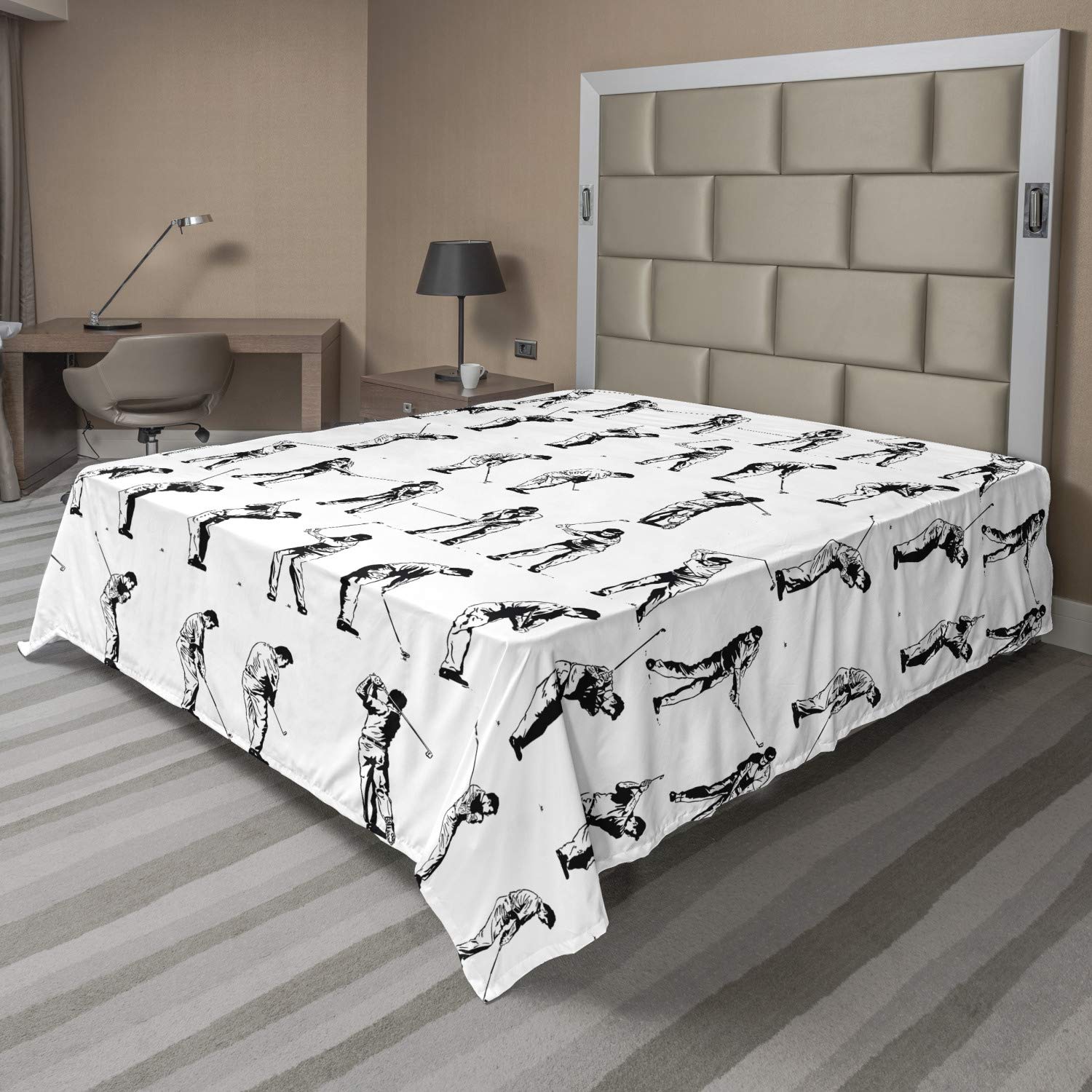 Ambesonne Golf Flat Sheet, Golf Swing Shown in 14 Stages Sports Hobby Themed Sketch Art Storyboard Print, Soft Comfortable Top Sheet Decorative Bedding 1 Piece, Queen Size, White Black
