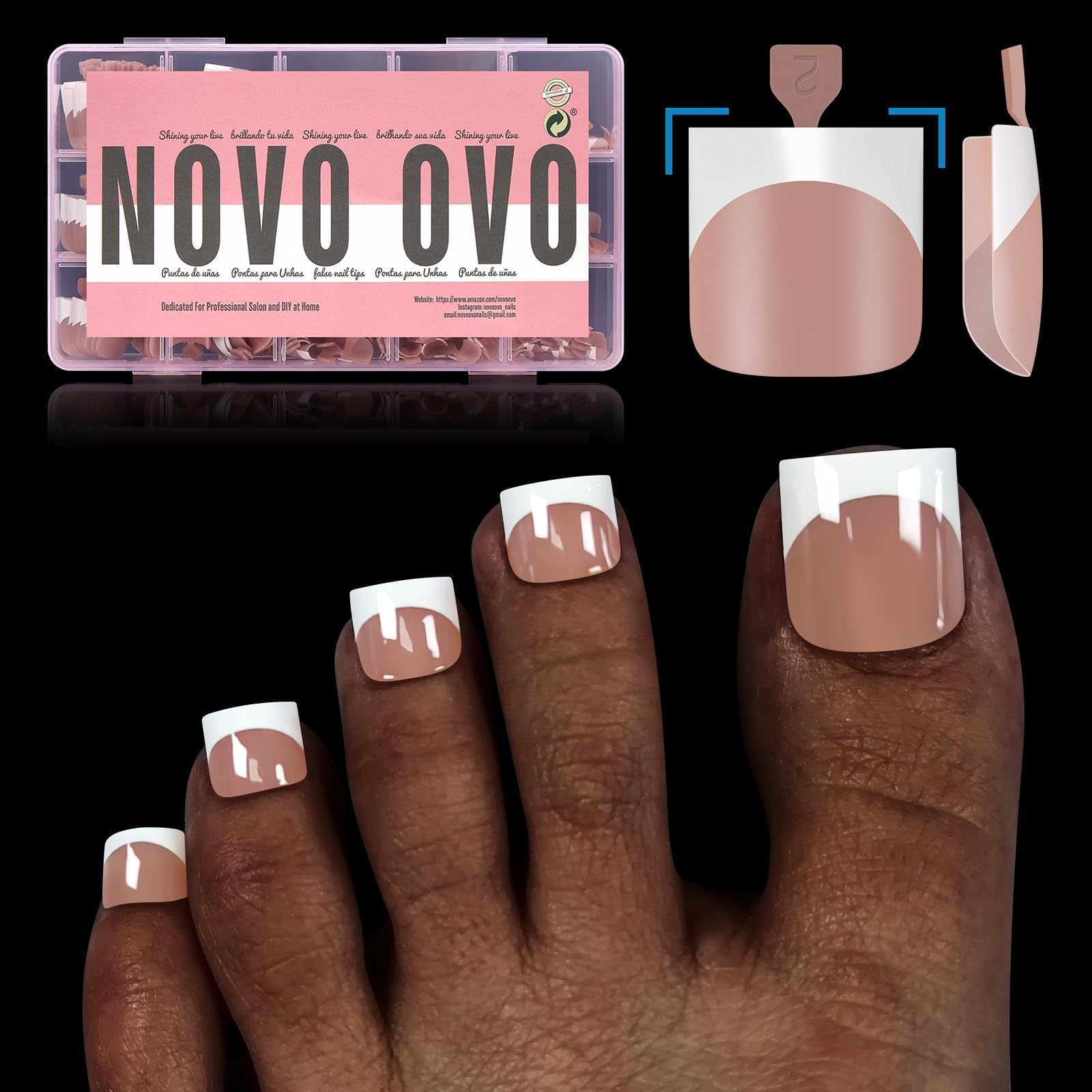 NOVO OVO French Tip Toe Nail Tips Press on, Sharp Square Pre-Designed Soft Gel False Toenail Extension, BROWN PINK Pre-applied Tip Primer & Base Coat,