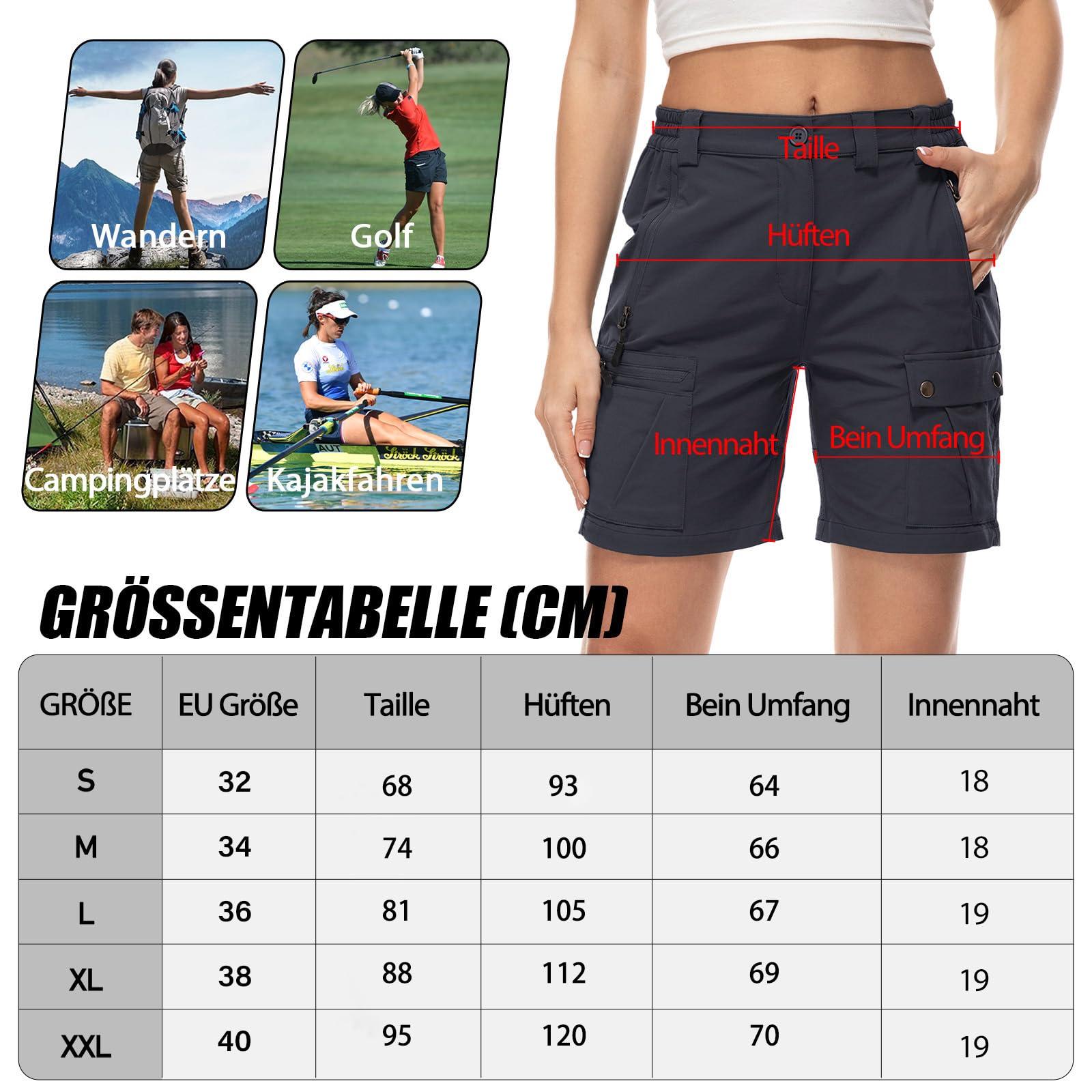 Short de Randonnée Cargo pour Femme Shorts de Randonnée Femme Short d'extérieur Confortable, Léger et à Séchage Rapide, pour Les Voyages et la Randonnée avec 4 Poches