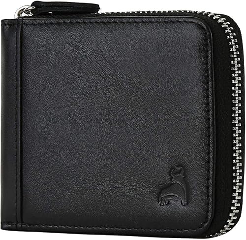 Carteras delgadas con cremallera para hombres RFID de cuero para hombre, tarjetero plegable con cremallera alrededor de la cartera con bolsillo para