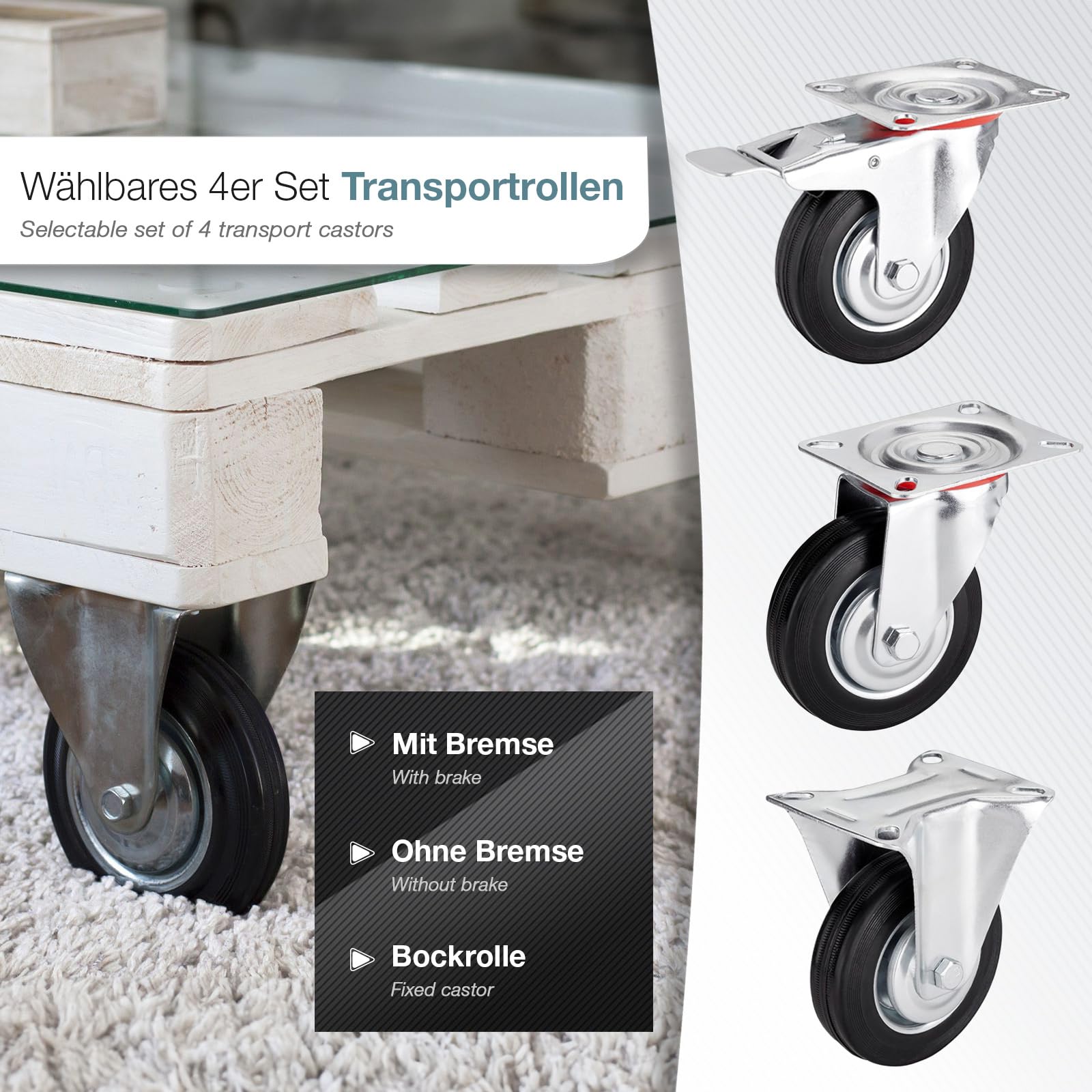 SOTOOLS 4er SET Schwerlastrollen FORTIX Ø 200 mm (2x Bock, 2x Lenkrollen mit Bremse) – Tragkraft 440 kg Gummirollen Ø 200 mm mit Panhead-Schrauben – solide & langlebig