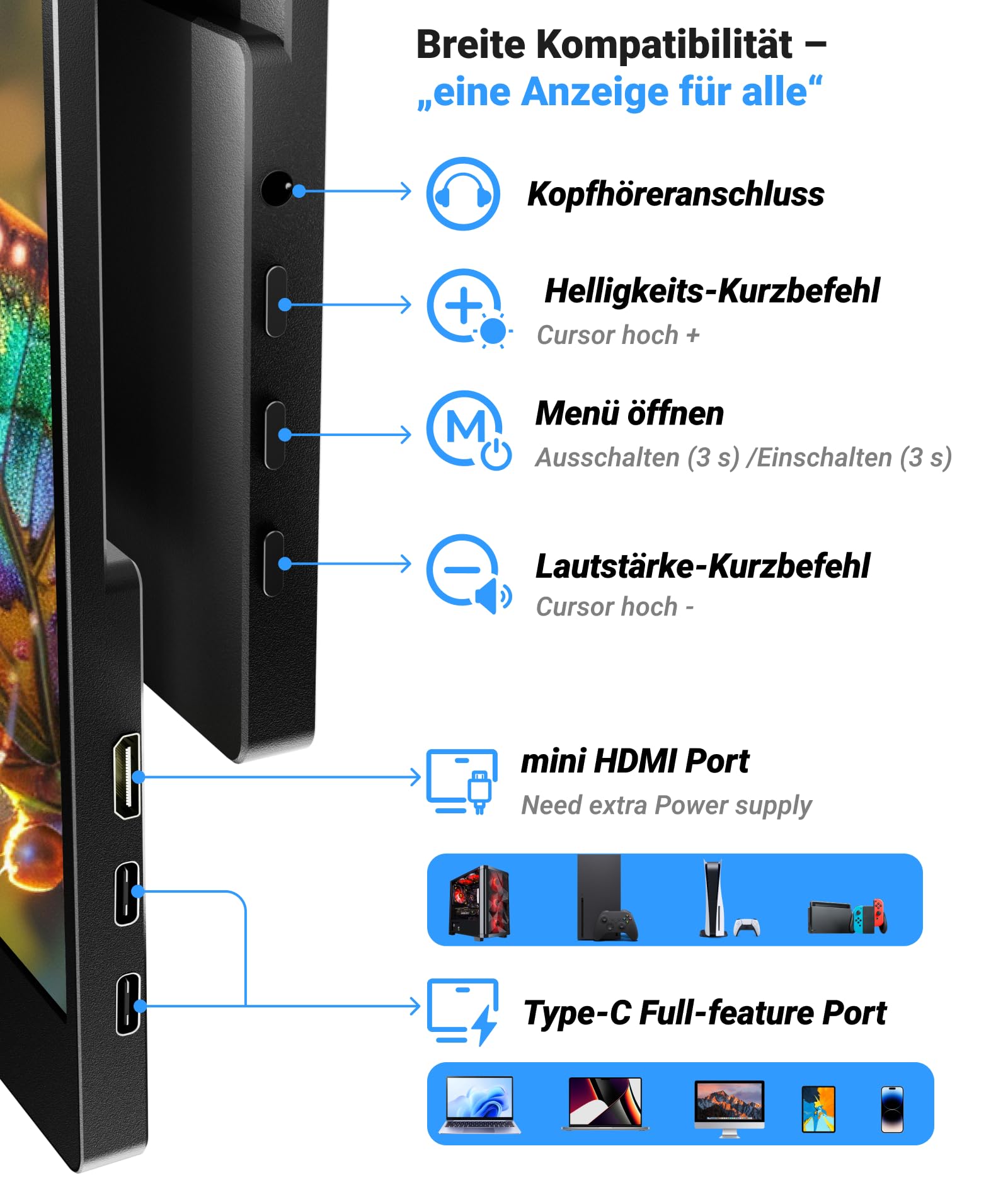 Ingnok Tragbarer Monitor 15,6 Zoll FHD 1080P IPS USB C HDMI für Laptop PC Mac PS3/4/5 Xbox