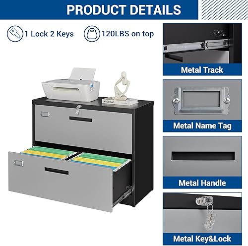 Miniatura 5 de Archivador lateral de 2 cajones con cerradura, gabinetes de archivo de acero metálico para oficina en casa, gabinete de almacenamiento con cerradura