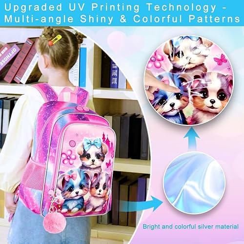 Miniatura 2 de gxtvo 3 bolsas de libros para perros y niñas, mochila de 16 pulgadas con lonchera, resistente al agua, mochila escolar para niños preescolares
