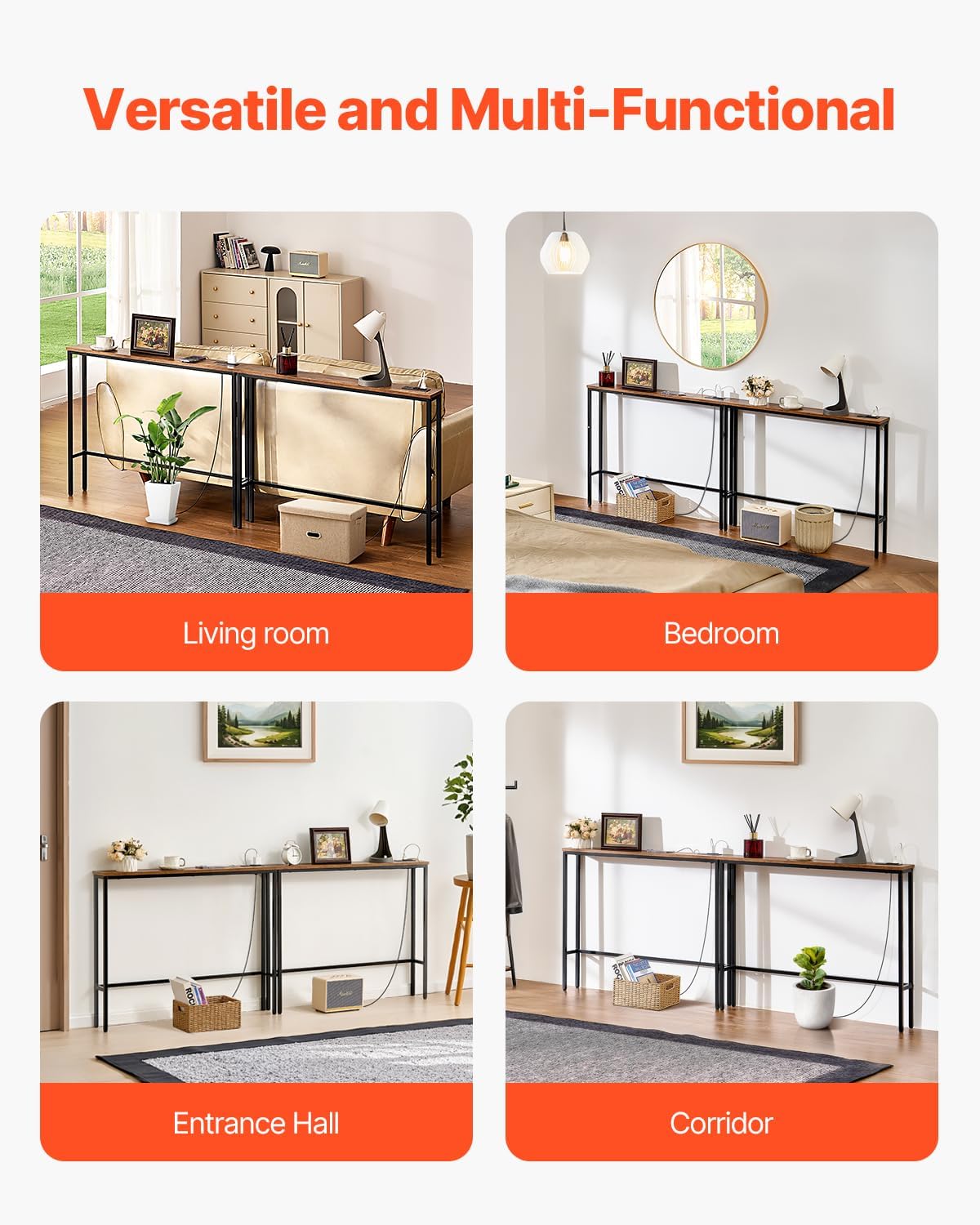 VEVOR Narrow Console Table, 2 Pack Behind Couch Shelf with Power Outlets, 1-Tier Long Entryway Shelf, Narrow Sofa Table with Metal Frame and Charge Station, for Entryway, Hallway, Living Room