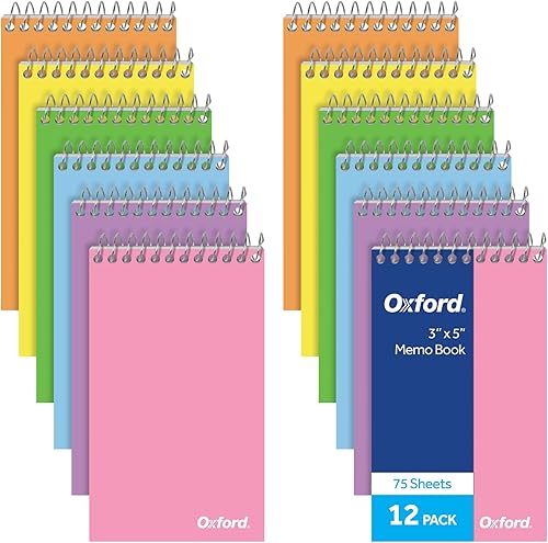 Oxford Bloc de notas en espiral, encuadernado con alambre superior, bloc de notas de bolsillo de 3 x 5 pulgadas, rayas universitarias, 6 colores