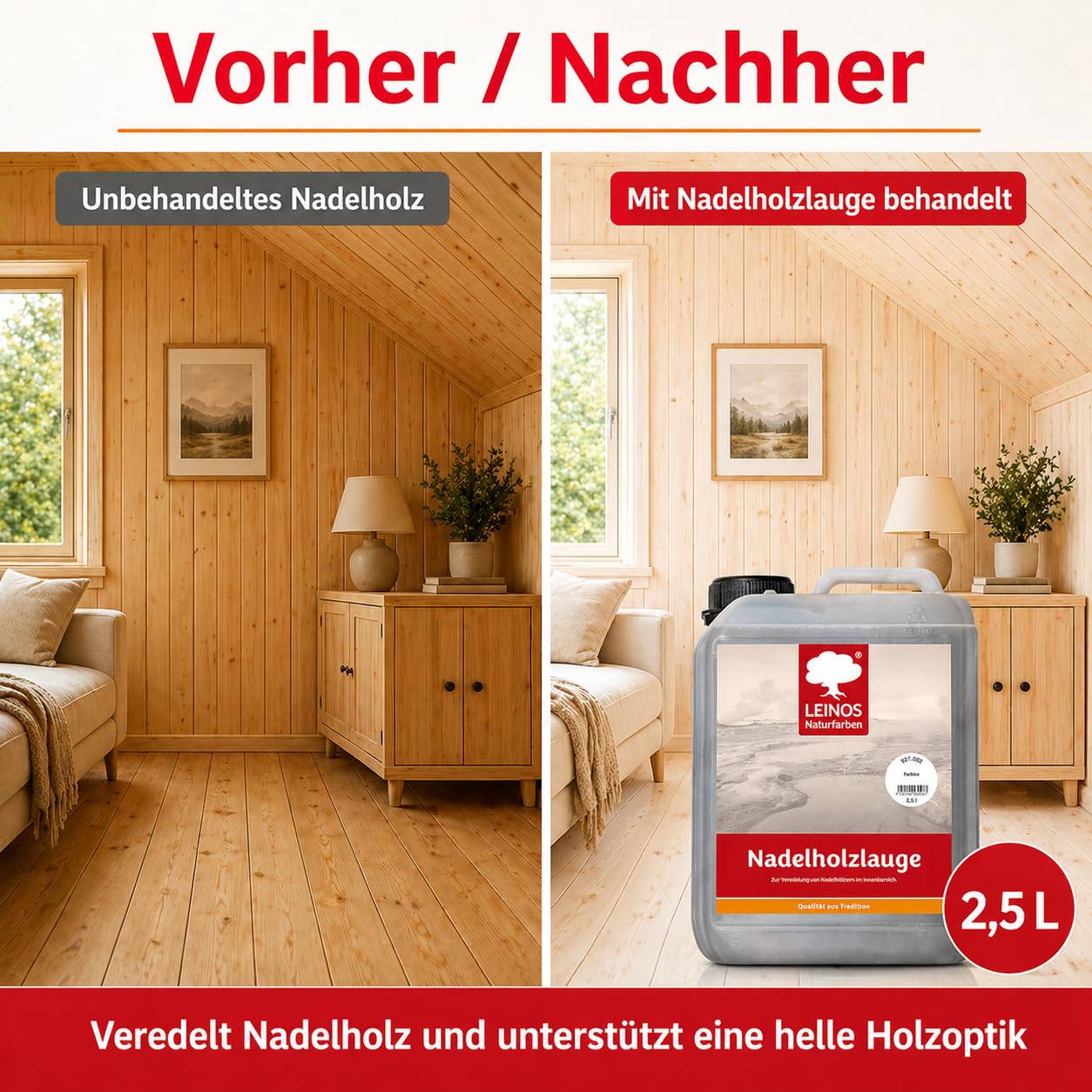 LEINOS 927 Nadelholzlauge Farblos 2,50 l – Veredelung für Kiefer & Fichte im Innenbereich – Stoppt Vergilbung, bewahrt natürliche Optik – Für Böden, Möbel & Decken – Ergiebig & natürlich