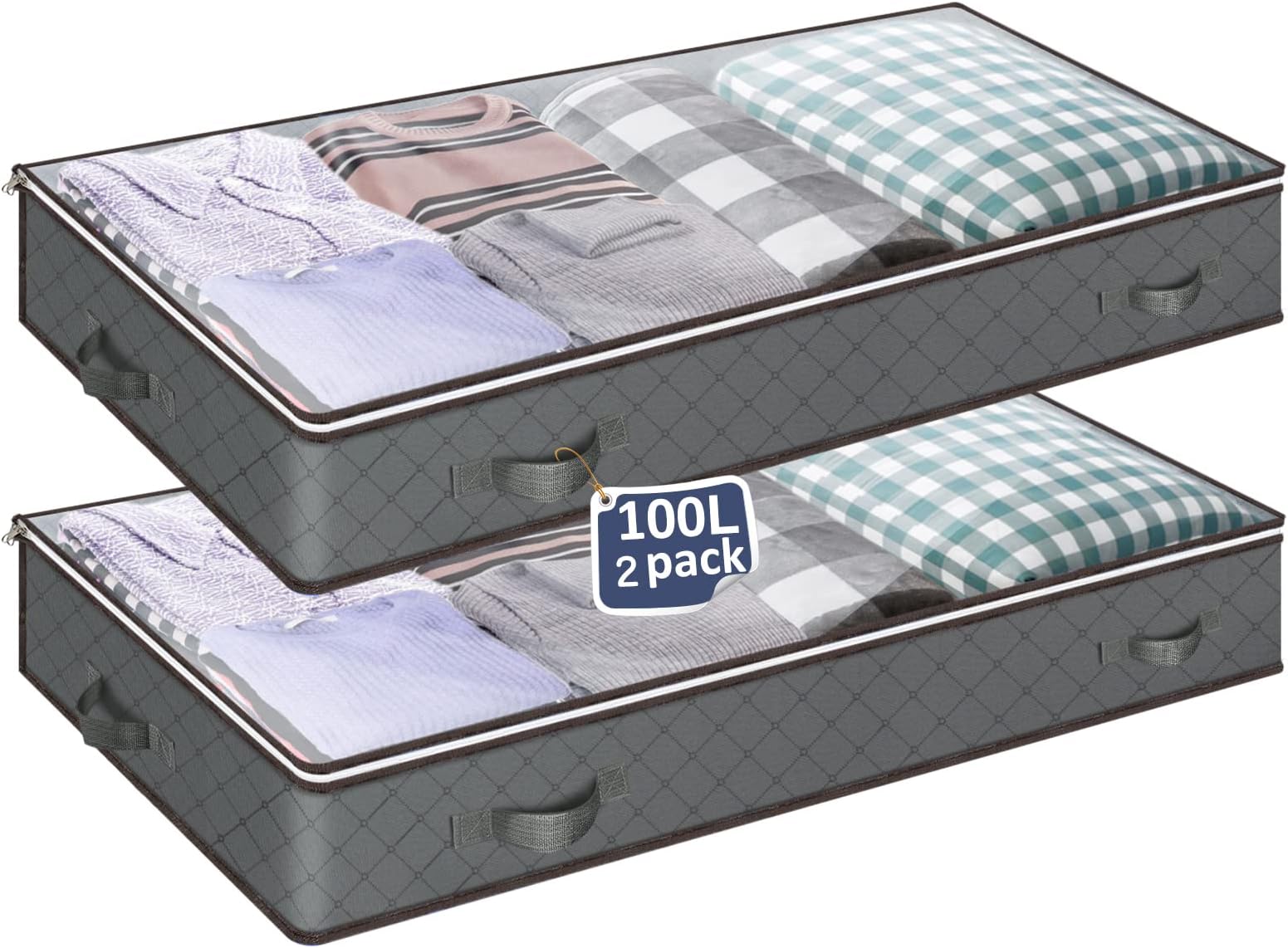 MIXC 2 Packs Underbed Storages, 100L Large Under Bed Storage Box with Lid, Storage Boxes with Lids, Storage Bags with Zip for Clothes, Comforters, Blankets, and Bedding
