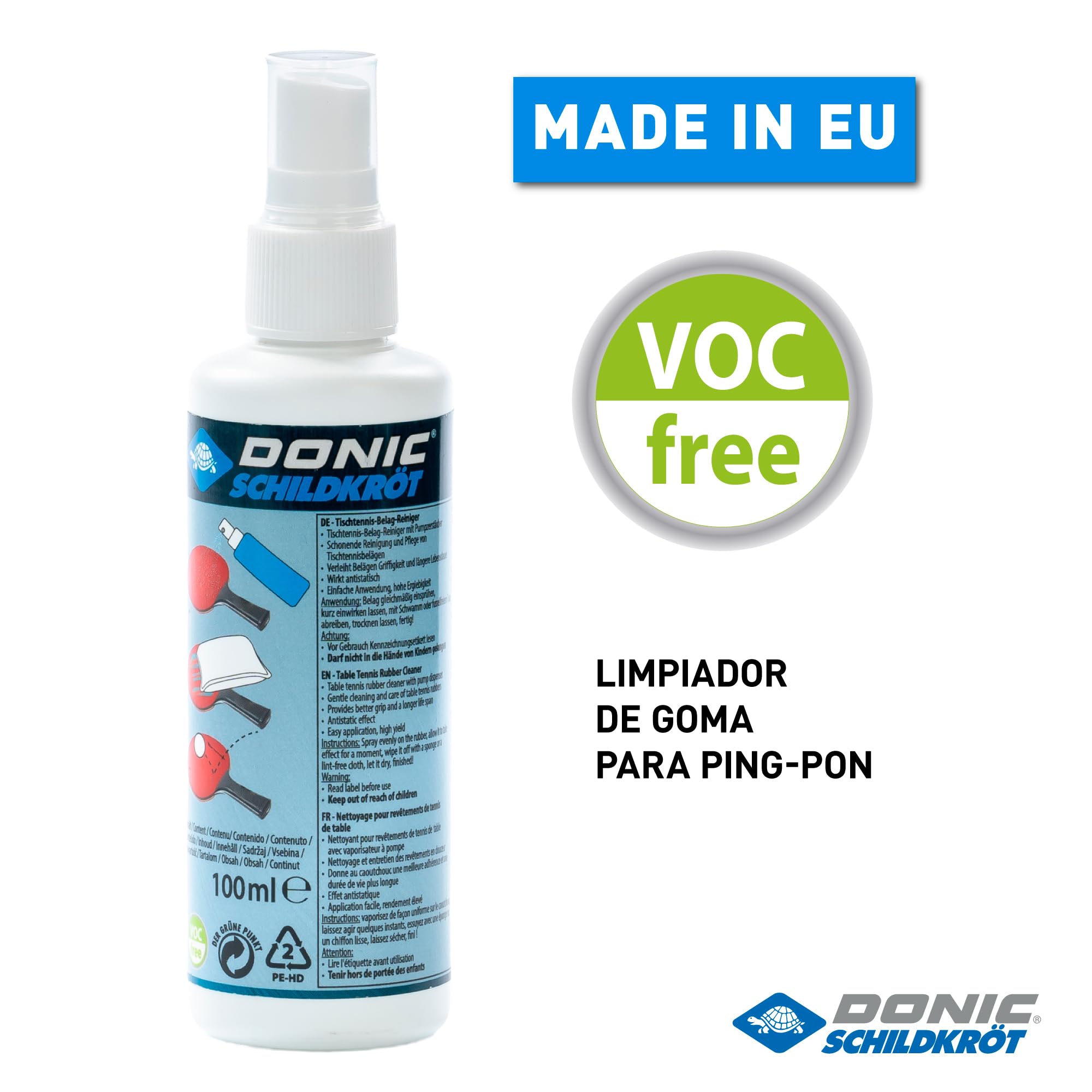 Donic-Schildkröt Espuma Limpiadora para Raquetas de Tenis de Mesa, 100 ml en una Bomba Pulverizadora, para Renovación de las Almohadillas de las Raquetas