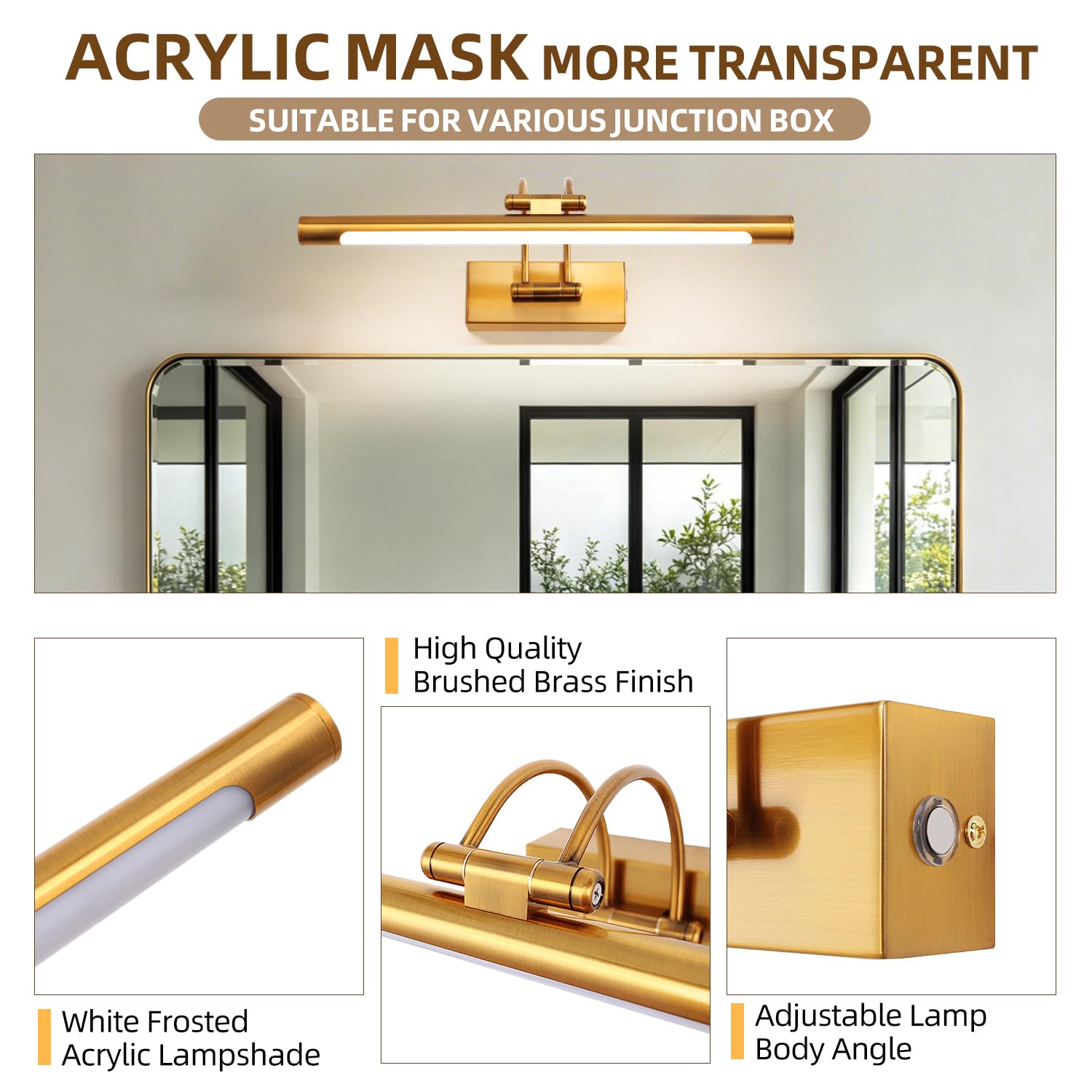Espejo Baño LED 40cm 8W Luz Pared 3 Temperaturas Regulable Latón | Luz de Pared Arco con Cabeza Giratoria Brillo Regulable, Antivaho, Espejo Iluminado para Baño y Tocador