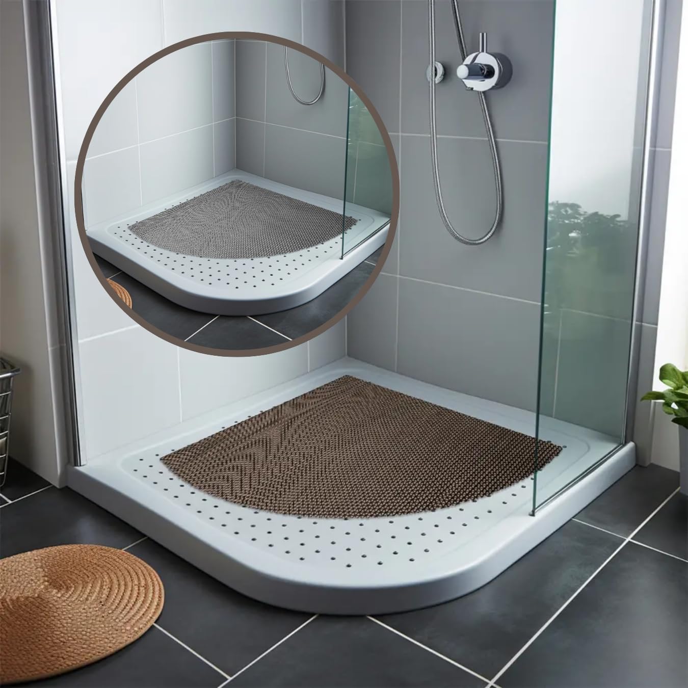 Nicoman Reversible Bath Mat Non Slip Anti Mold, Shower Mat for Tub Bathtub, Anti Slip Shower Mats for Inside Outside, Safety Washable Quick Drying Large Bath Matt (Grey/Brown, QUADRANT 53x53cm)
