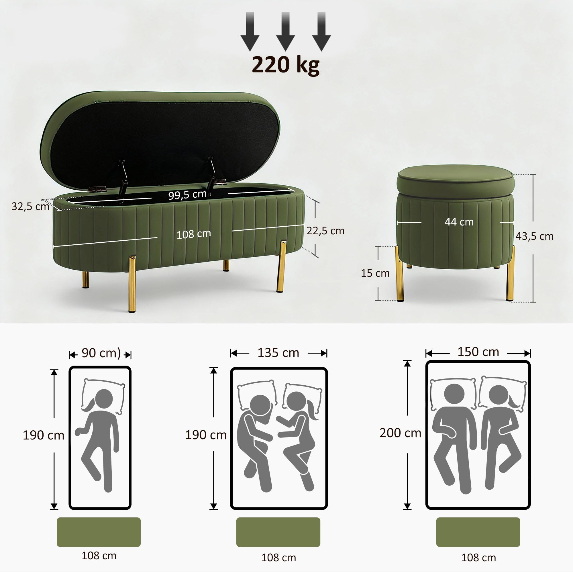 HOMCOM Banc de Rangement Bout de Lit 72L Velours 108x44x43,5cm Vert Foncé | Coffre de Rangement avec Couvercle, Pieds en Métal, Jusqu'à 220 kg, Banquette Salon Chambre Entrée