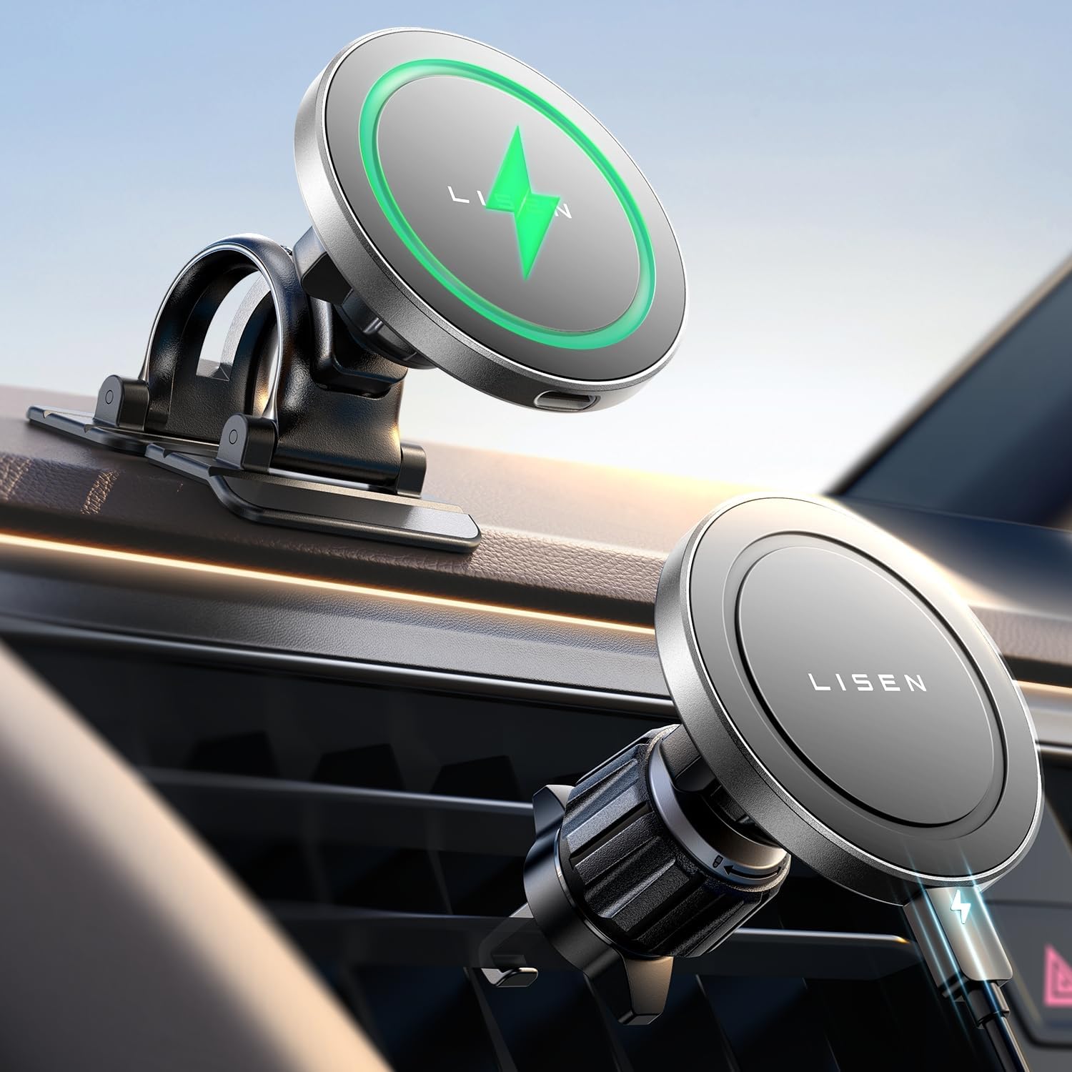 LISEN for 15W MagSafe Car Mount Charger,iPhone Magnetic Wireless Car Charger for iPhone 16 Pro Max Accessories,Car Phone Holder For iPhone 16 15 14 13 12,Samsung with MagSafe Case,Gifts for Men,Sliver