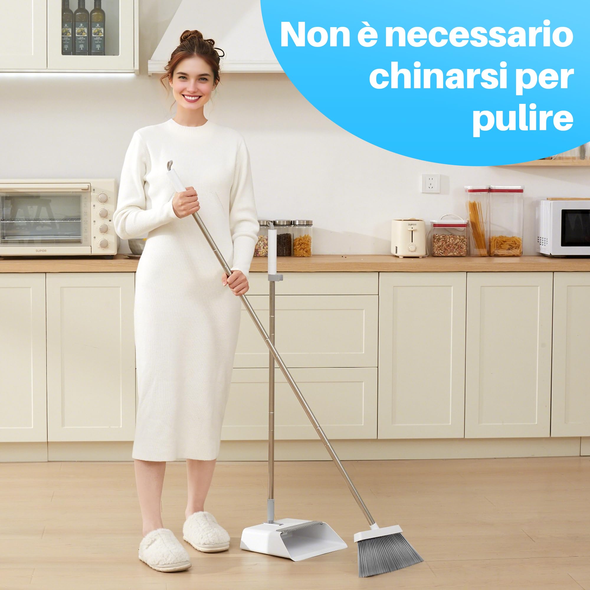 JOYMOOP set scopa e paletta, paletta e spazzola con manico lungo, scopa senza bisogno di piegarsi per uso interno ed esterno, bianco e grigio