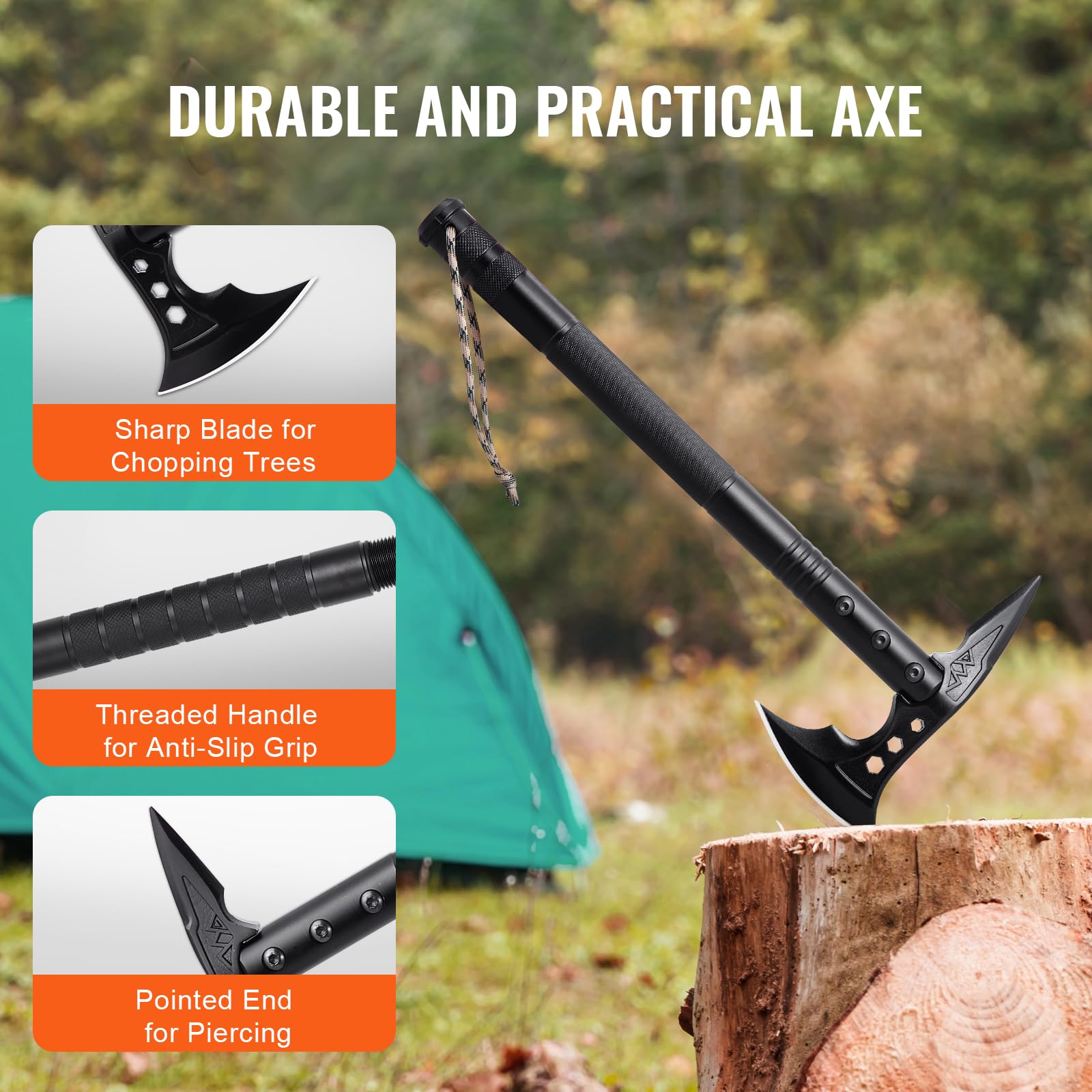 VEVOR Pala de Supervivencia Hacha de Supervivencia, 28 en 1 Palas Plegables para Acampar con Hacha, Juego de Pala y Hacha de Acero Inoxidable, Equipo de Supervivencia para Acampar y Hacer Senderismo