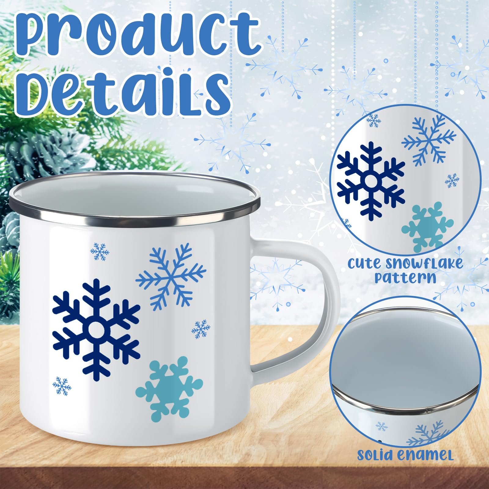 Baderke Emaille-Tassen-Set für den Winter, 325 ml, Schneeflocke, Weihnachten, Emaille-Tassen, blau und weiß, Schneeflocken-Trinkbecher mit Griffen, für heiße Schokolade, Urlaub, Party, Geschenkzubehör