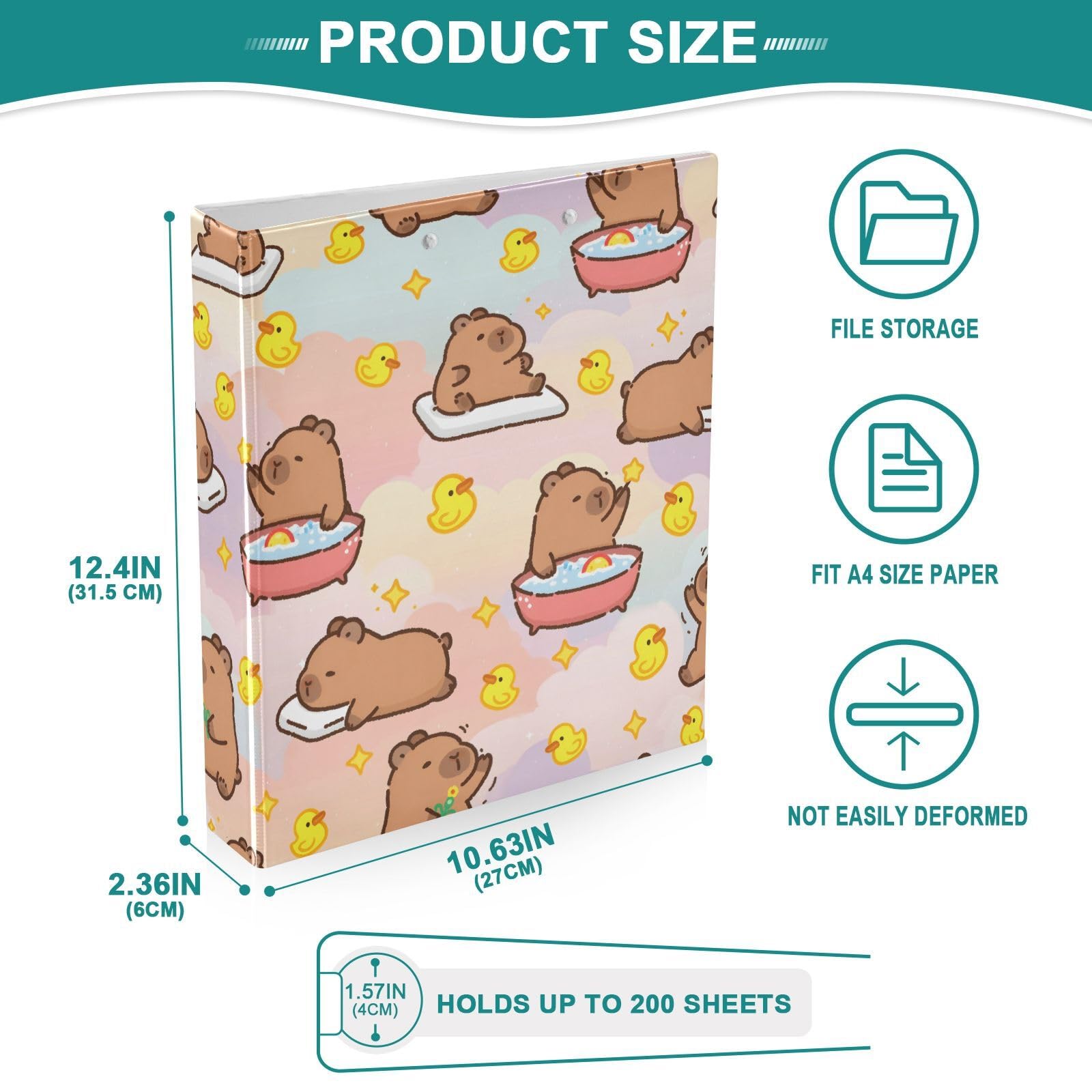 Raccoglitore a 3 anelli Capybara Duck Cute 3,8 cm Raccoglitori a tre anelli con portablocco adatto per carta da 21,9 x 27,9 cm, 3 tasche interne in PVC trasparente per forniture per ufficio
