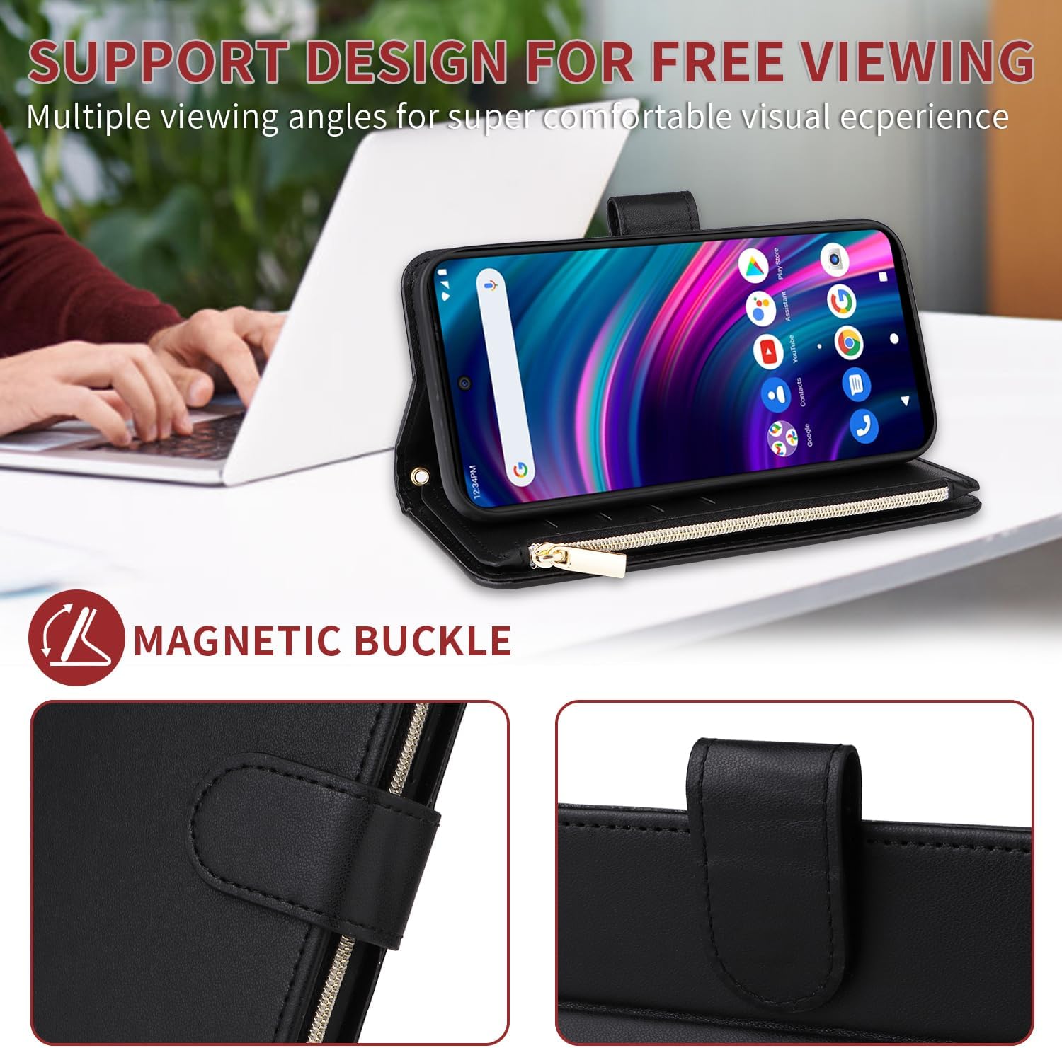 Wallet Case for BLU G91s with Wrist Strap Crossbody Shoulder Strap Leather Flip Zipper Purse Card Holder Slots Protector Stand Cell Accessories Phone Cover Blue G 91s 6.8 6.8" 2022 Girls Black