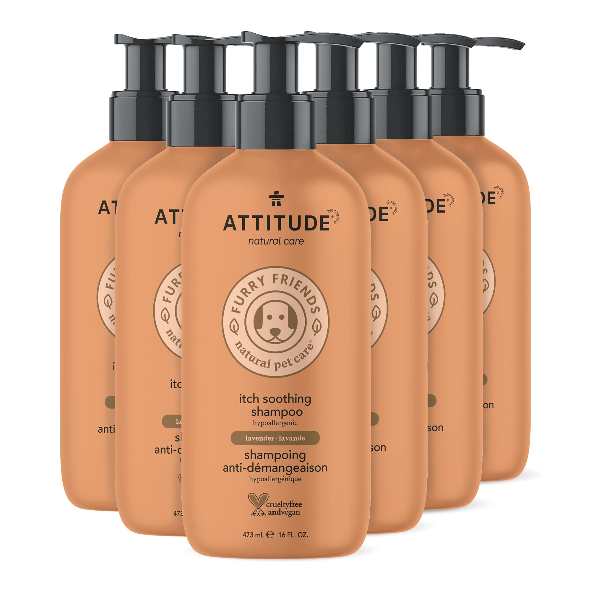 ATTITUDE Natural Itch Soothing Shampoo for Cat & Dog, Vegan and Cruelty Free, Grooming Products, Lavender, 16 Fl Oz (Pack of 6)