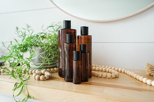 Miniatura 6 de Botellas de plástico ámbar (paquete de 12)  Botella de plástico ámbar de 1 onza con tapas de rosca utilizadas como botellas de champú reutilizables,